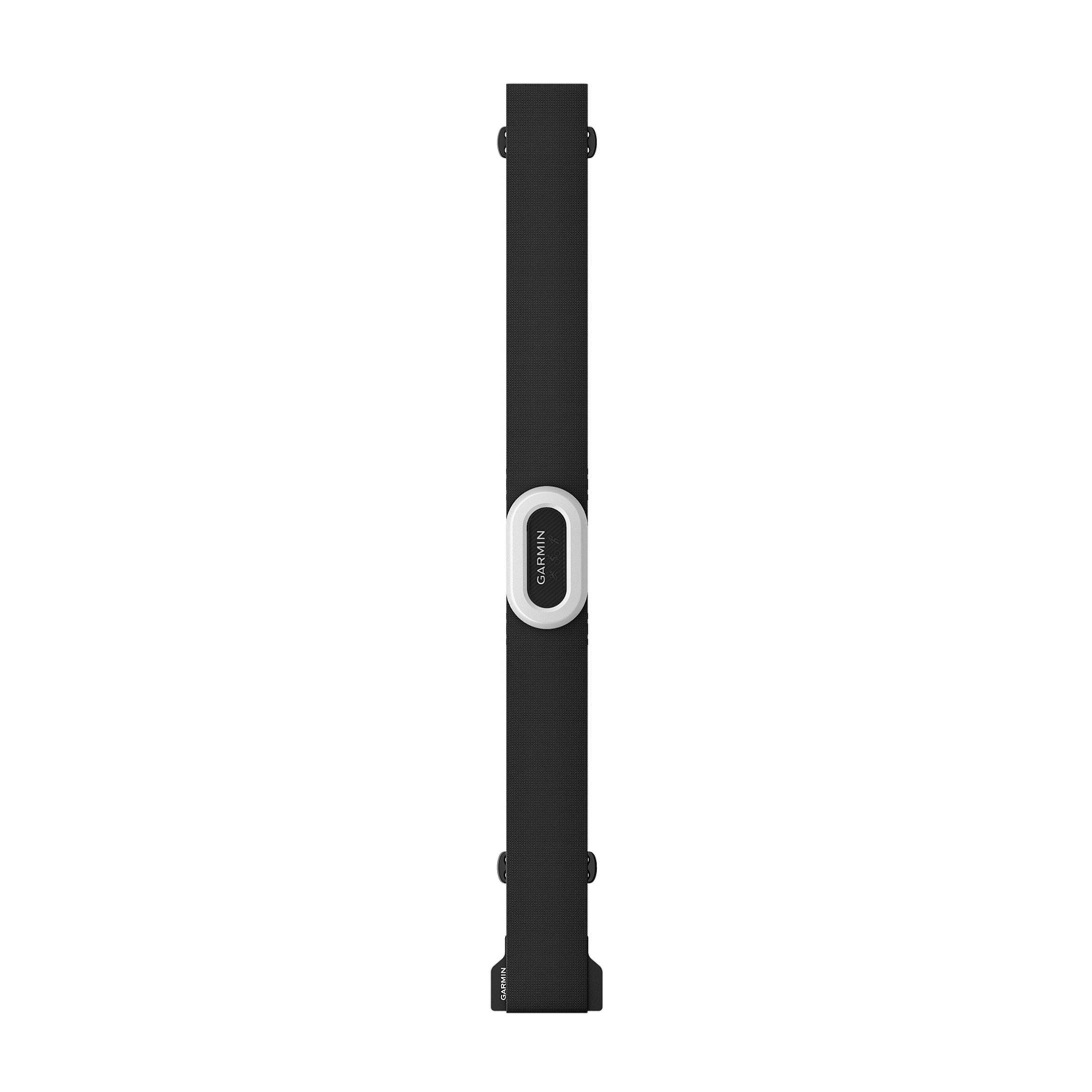 Schwarzer Garmin Brustgurt mit weißem ovalem Modul und Herzfrequenzsensor.