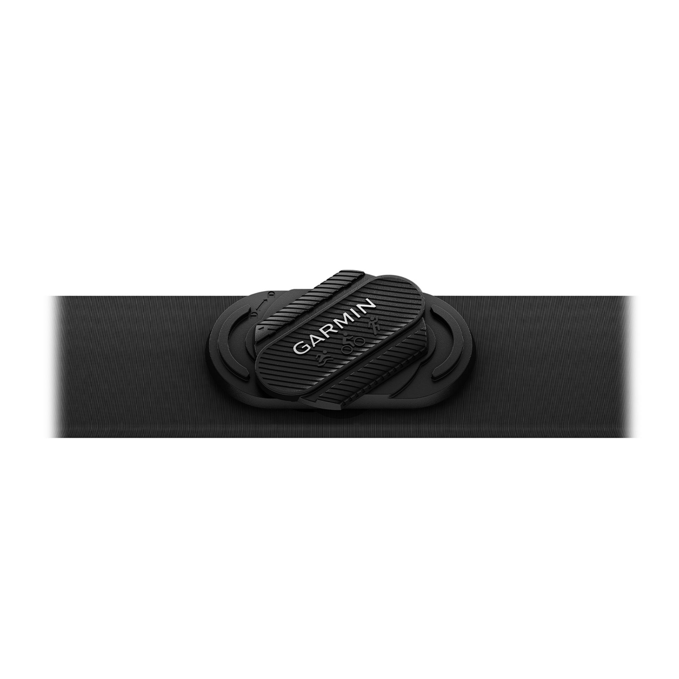 Schwarzer Garmin-Clip mit Rillen und Symbolen für Laufen, Radfahren und Schwimmen.