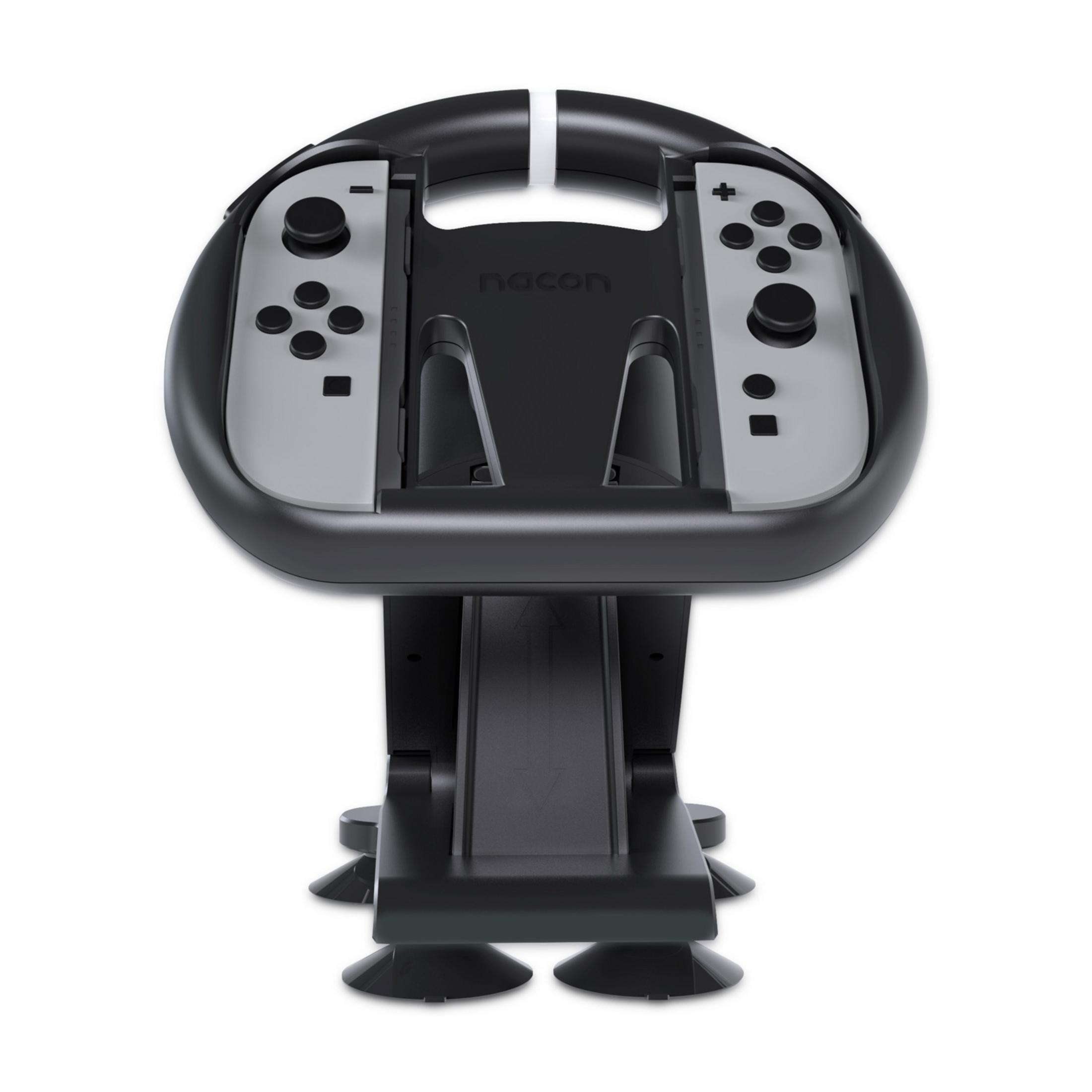 Accesorio de volante negro con dos agarres Joy-Con desmontables.