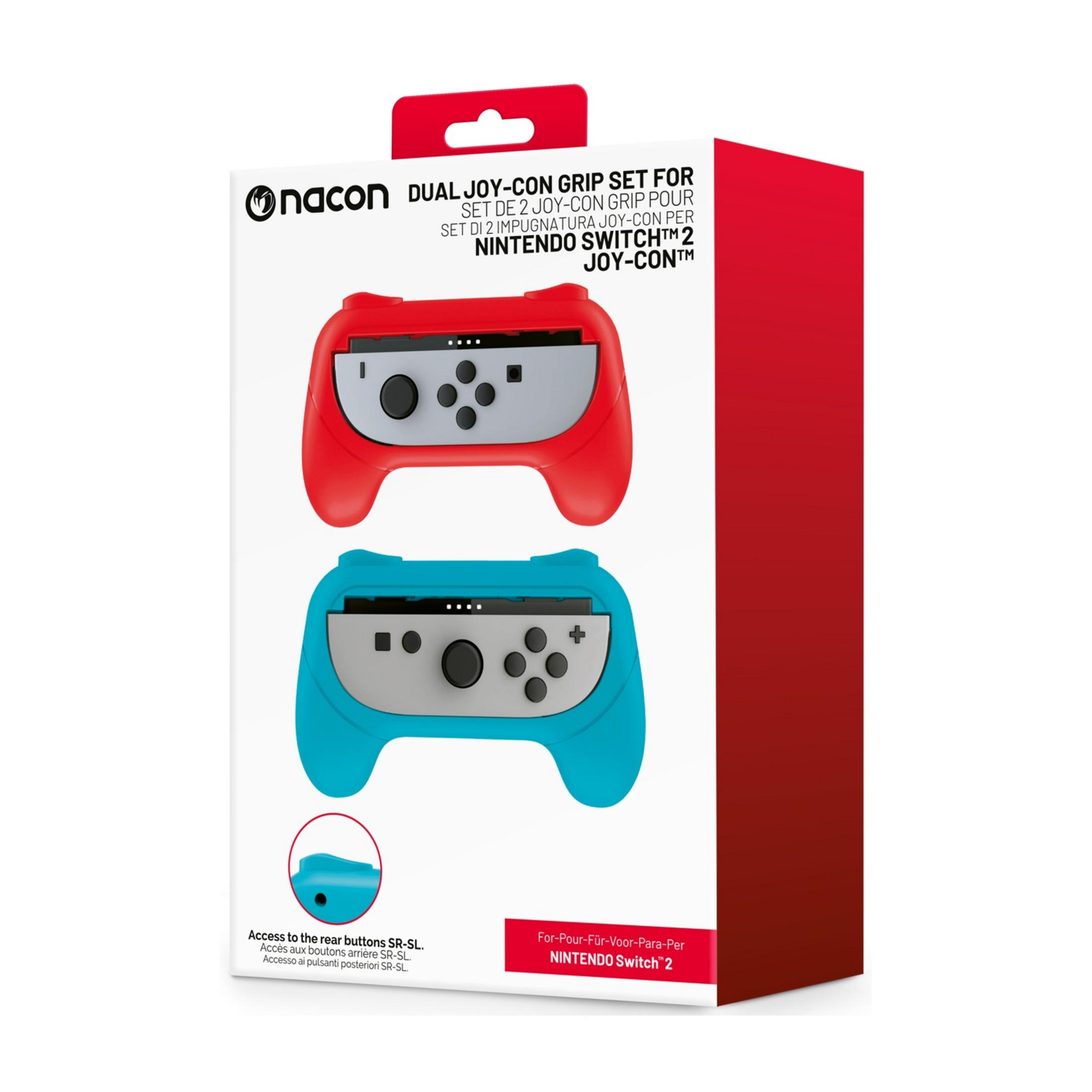 Embalaje que muestra agarres Nacon duales rojos y azules para Nintendo Switch.
