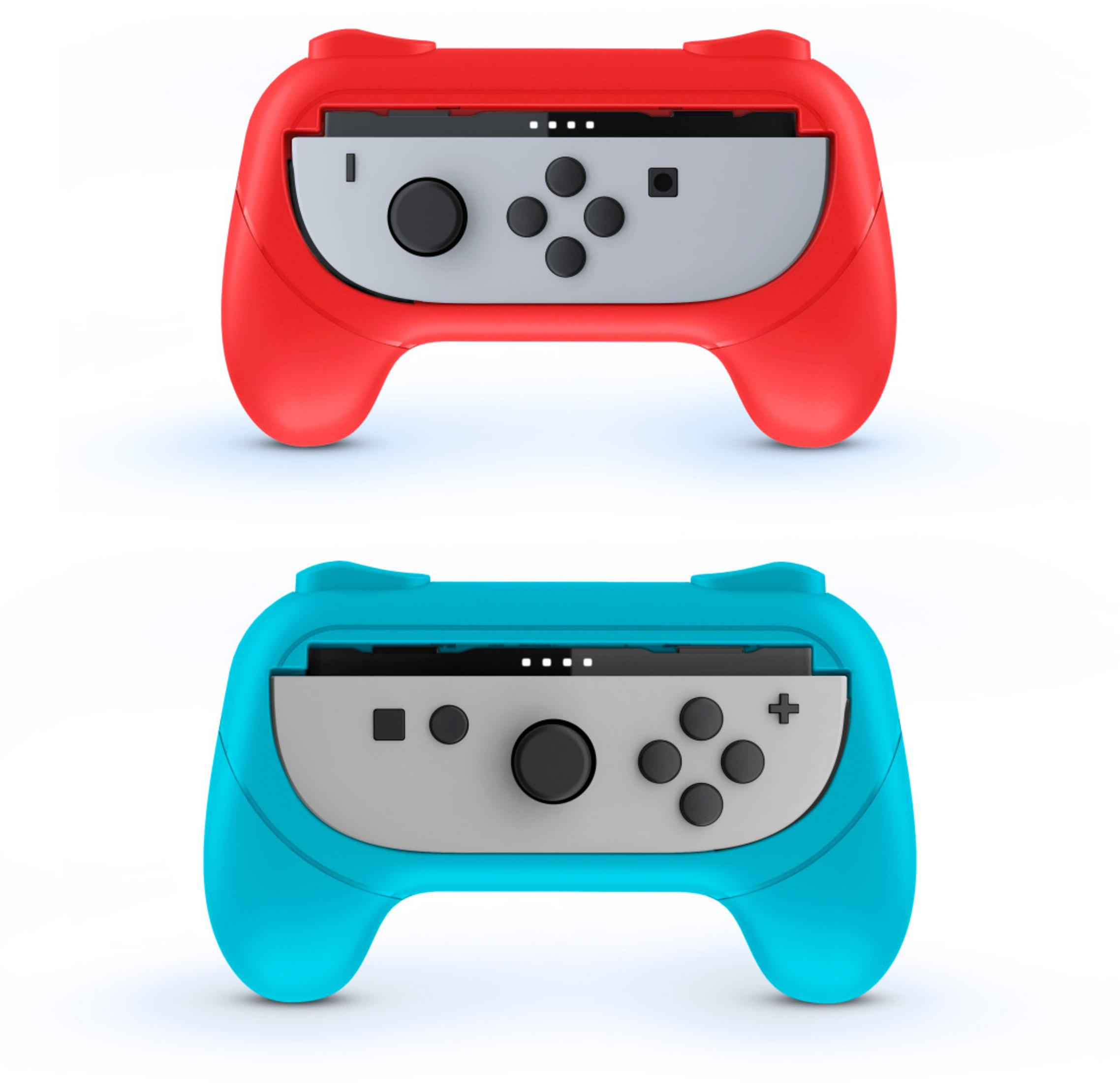 Dos agarres de control de juego, rojos y azules, con botones blancos.