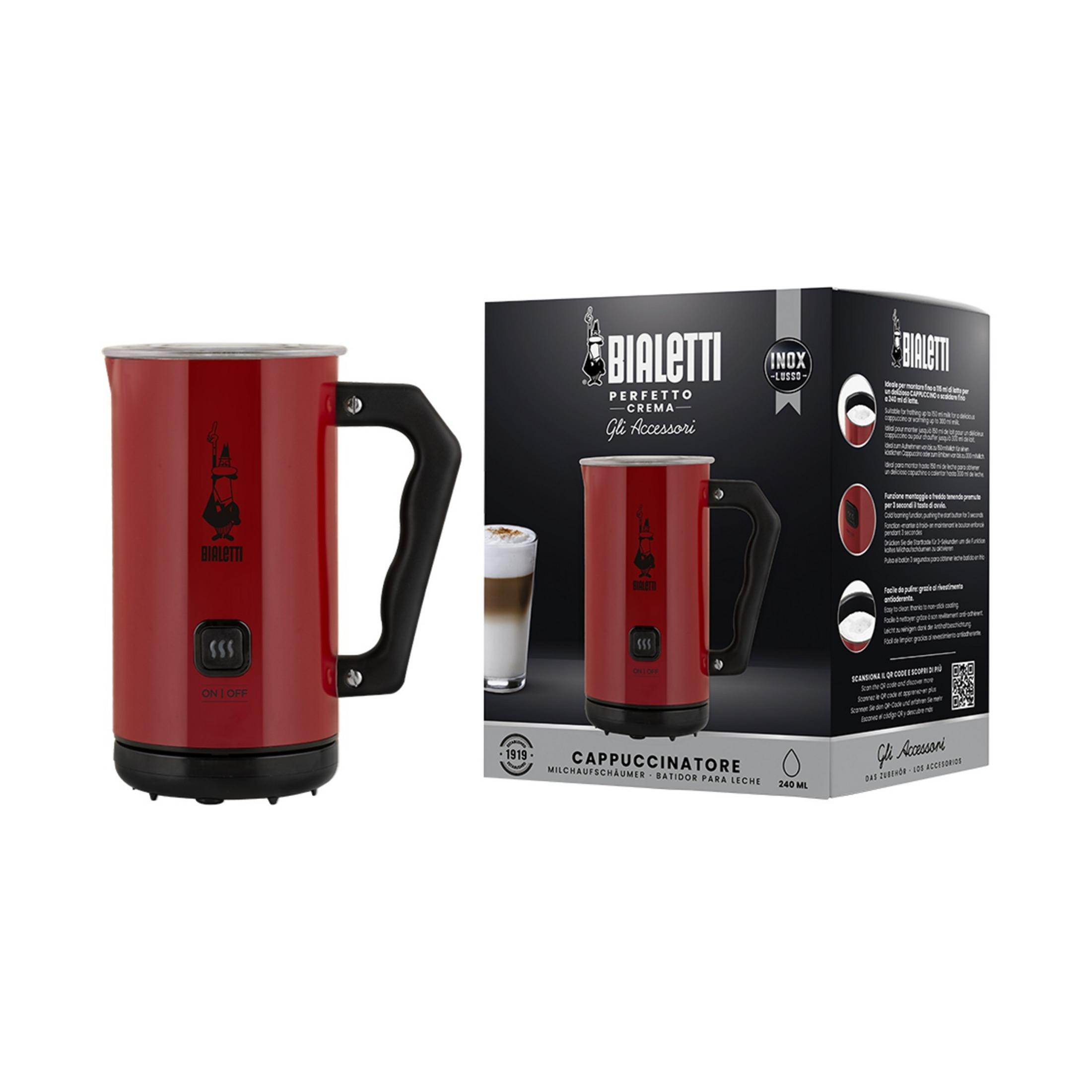 Czerwony spieniacz do mleka Bialetti z czarną rączką i panelem sterowania.