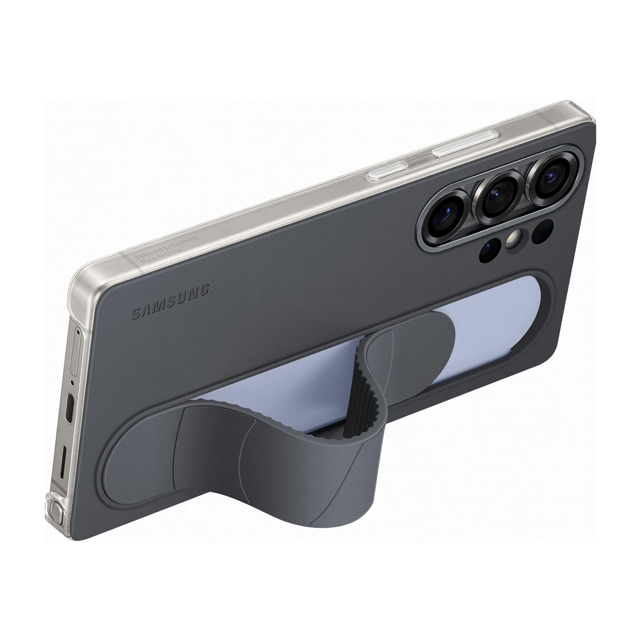 Rückansicht eines grauen Samsung-Handys mit Kameramodul und Ringhalterung.