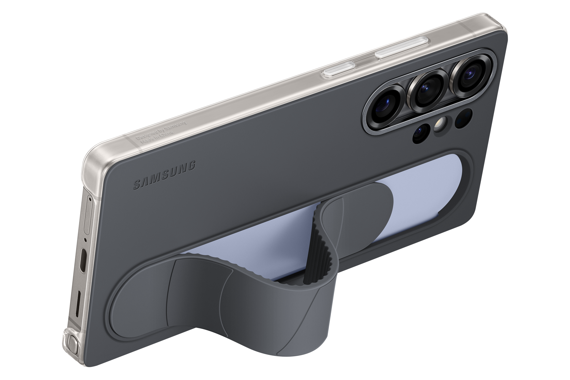 Graues Samsung-Handy mit silbernem Rahmen und drei Kameralinsen.