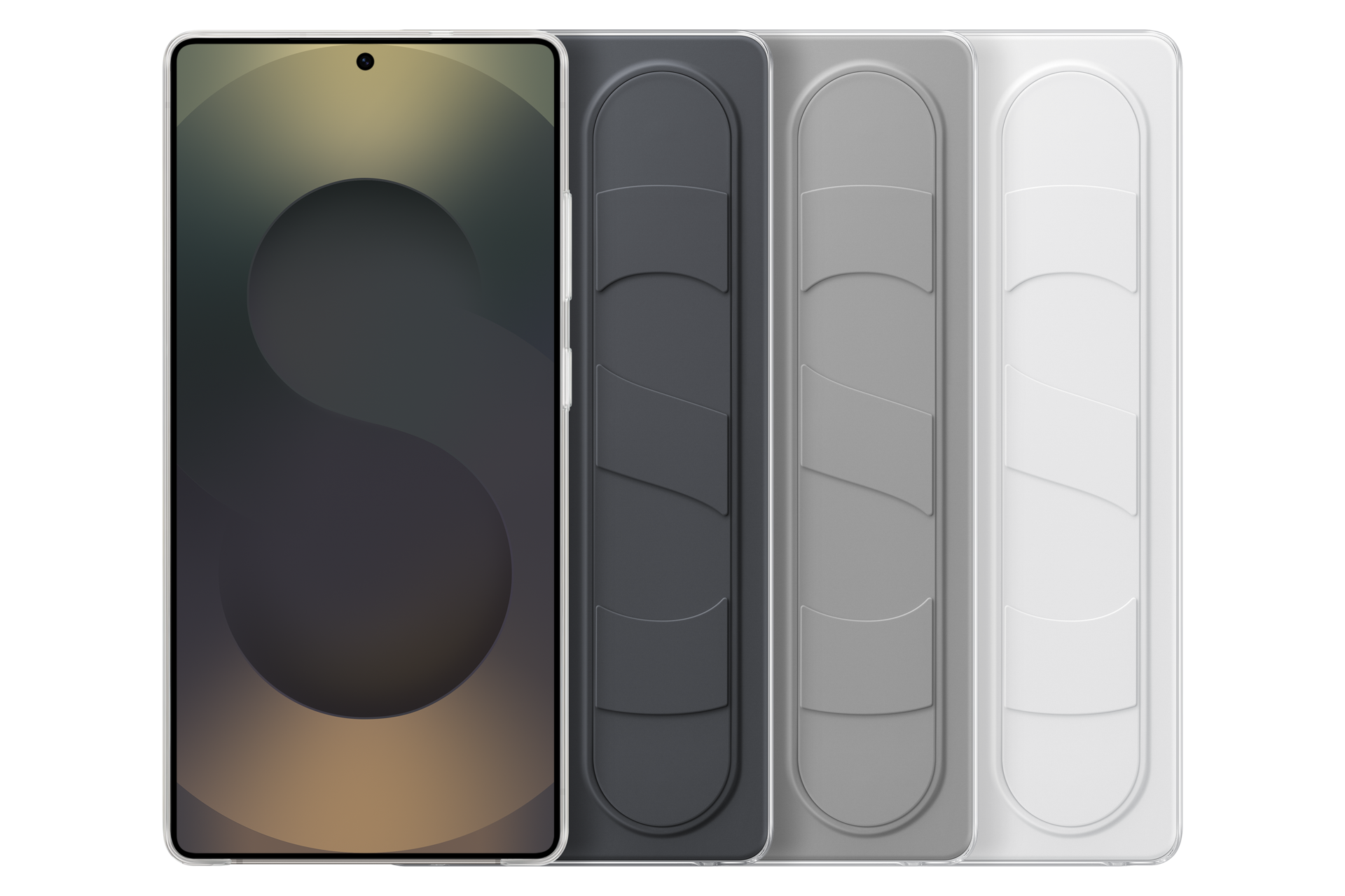 Ein Smartphone mit dunklem Bildschirm neben drei Handyhüllen in Grau- und Weißtönen.