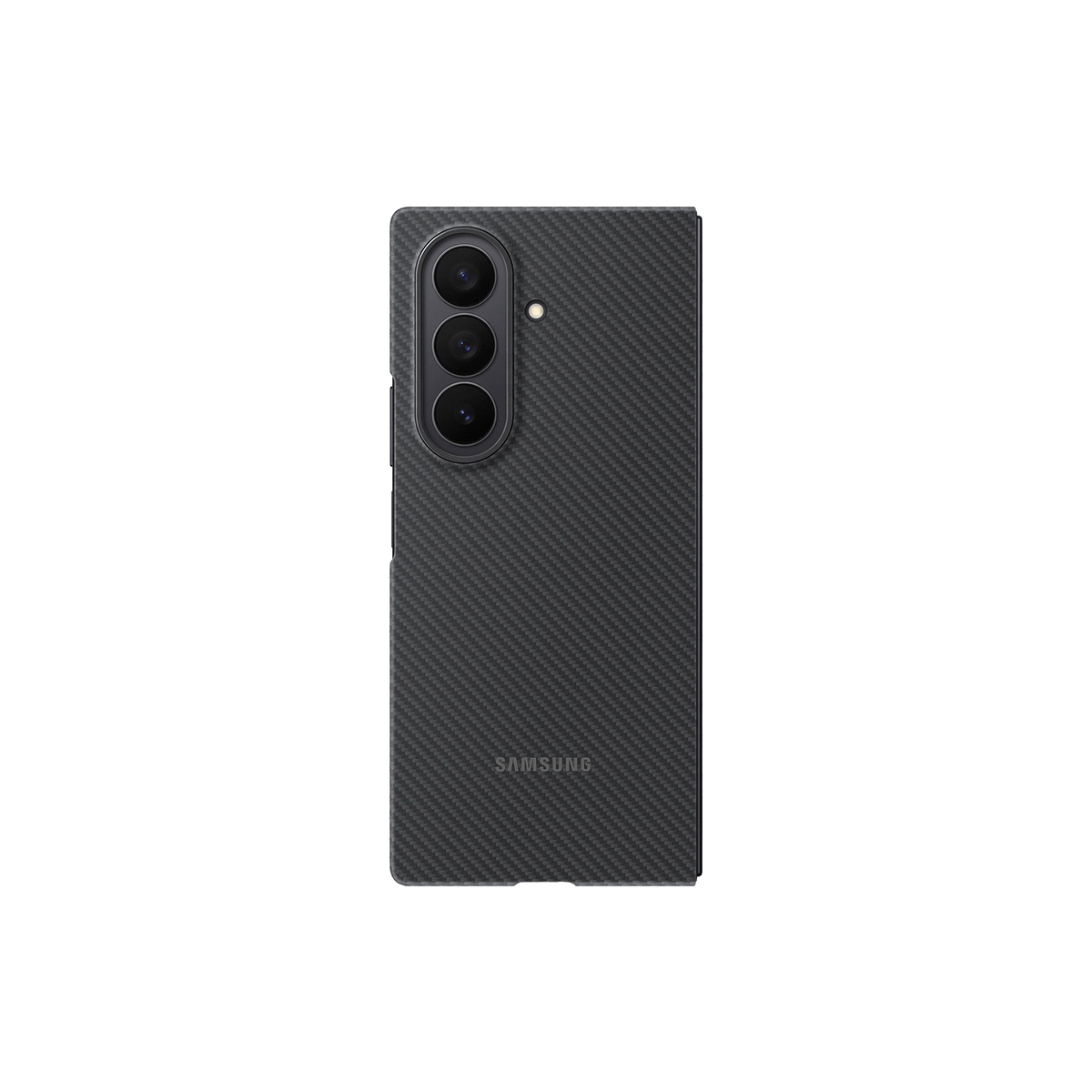 Rückseite eines schwarzen Smartphones mit Carbon-Muster und drei Kameras.