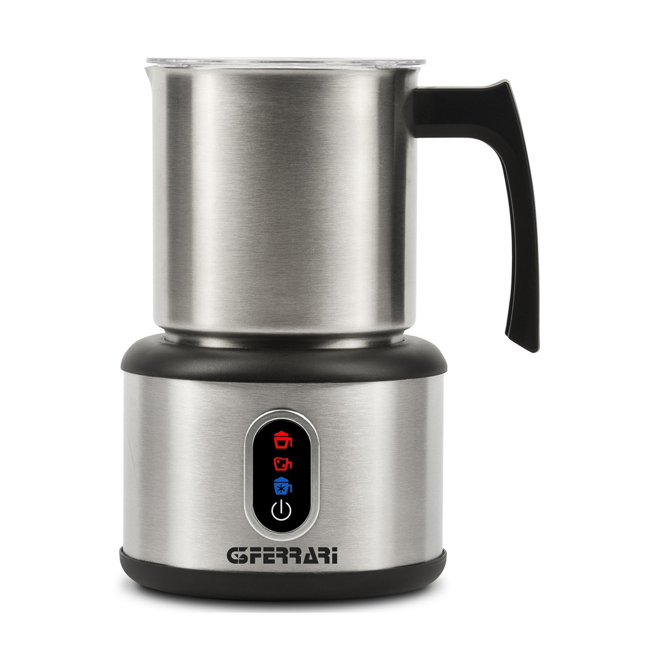 Srebrna spieniacz do mleka z czarną rączką i przyciskami sterującymi.