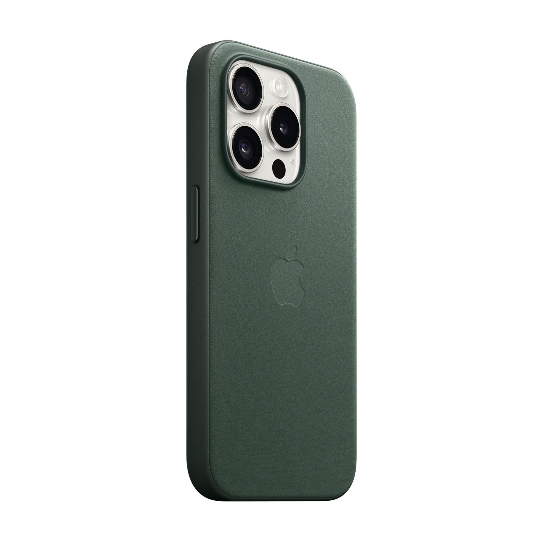 Custodia verde scuro per telefono con logo Apple e ritaglio tripla fotocamera.