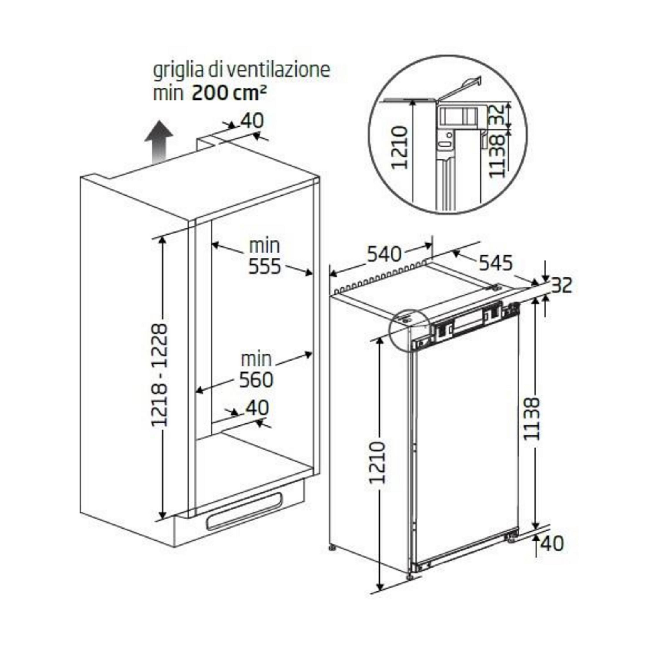 Disegno tecnico con dimensioni per un apparecchio, con griglia ventilazione.