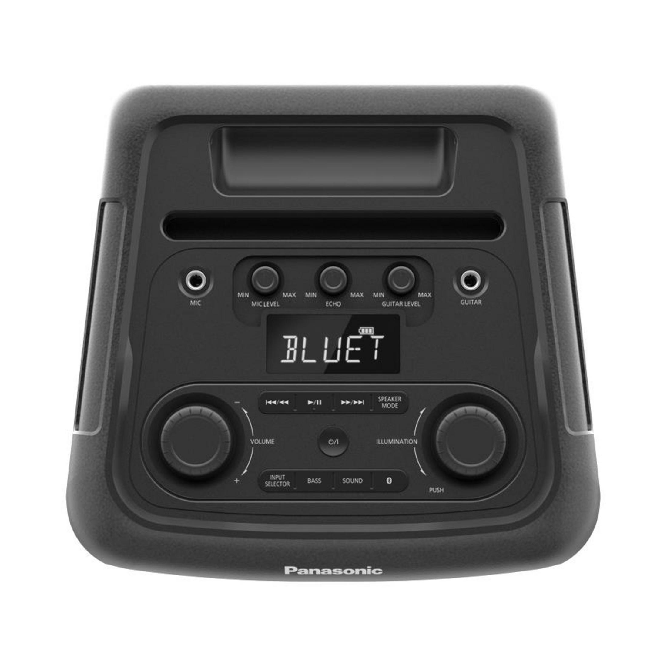 Czarny przenośny głośnik Bluetooth Panasonic z przyciskami i wyświetlaczem.