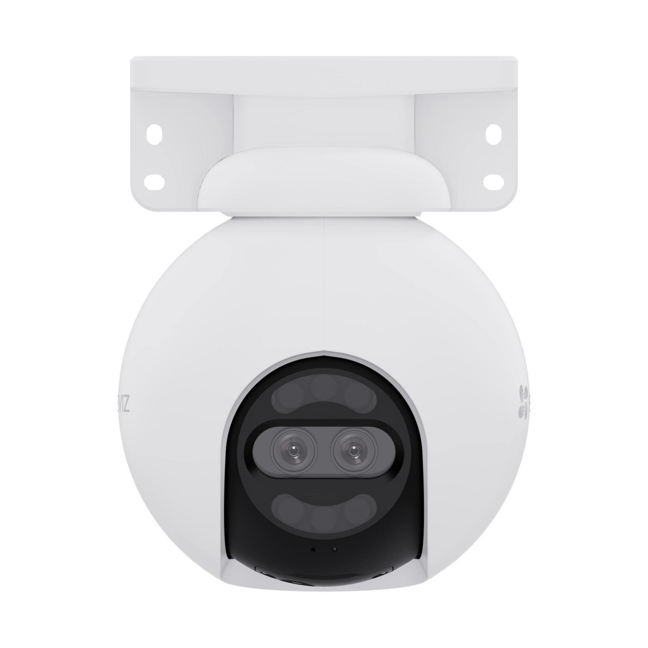 Biała kamera bezpieczeństwa z podwójnym obiektywem i czarnym wycięciem.