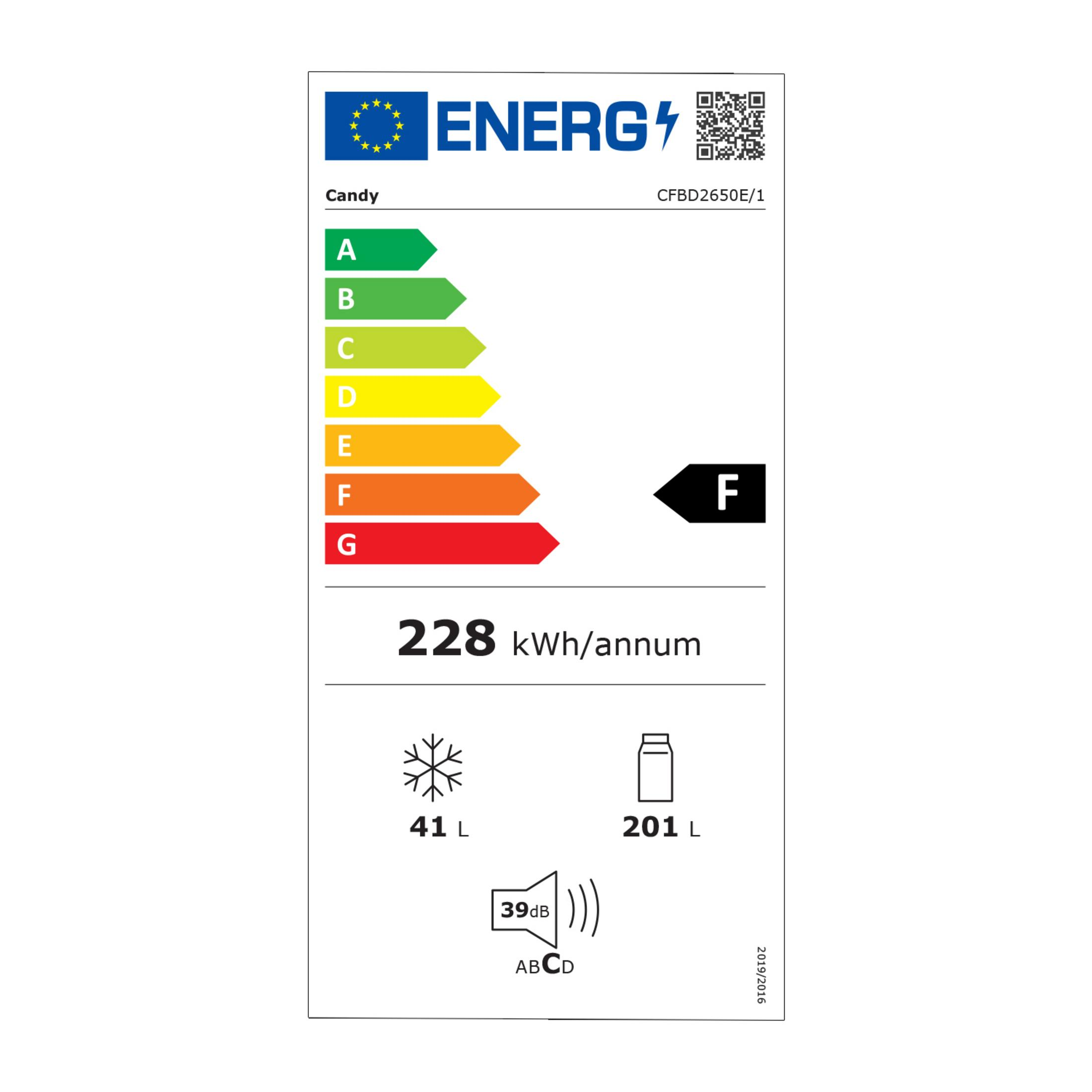 Etichetta efficienza energetica classe F, 228 kWh/anno, freezer 41L, frigo 201L.