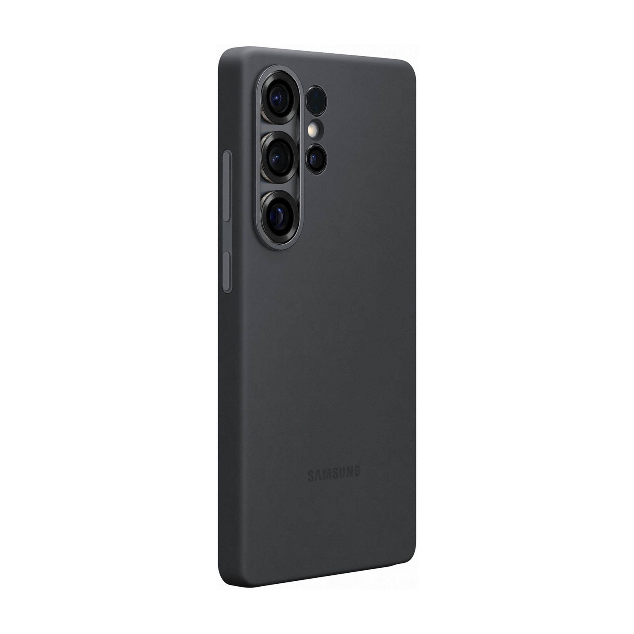 Donkergrijs telefoonhoesje met drie cameralenzen en Samsung-logo.