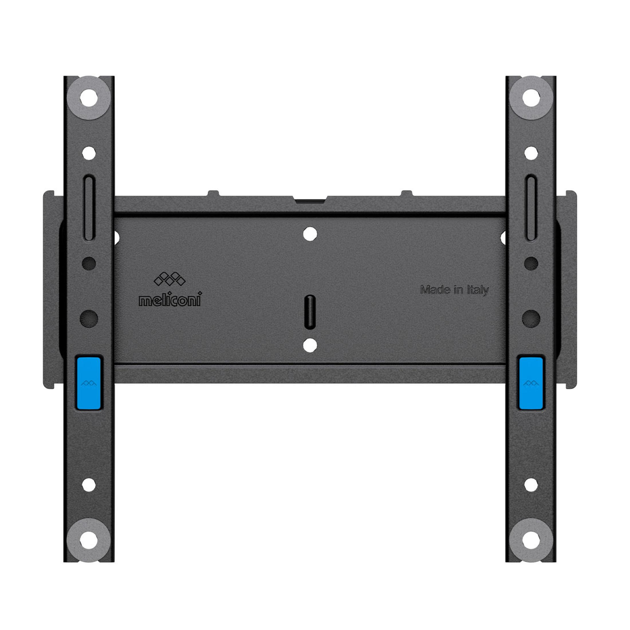 Un soporte de pared para TV negro con botones de liberación azules y el logo Meliconi.