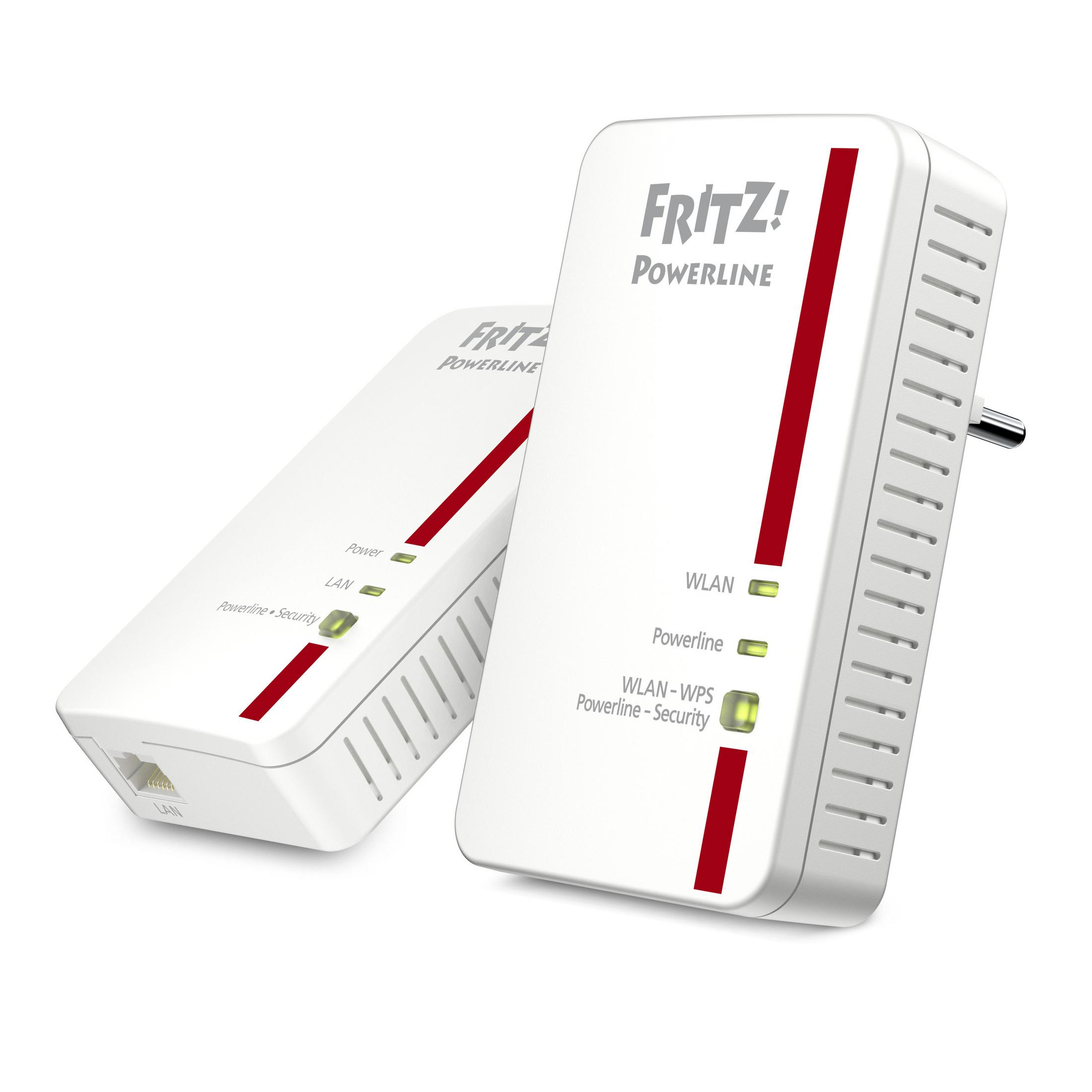 Due adattatori FRITZ!Powerline bianchi con strisce rosse e LED di stato.