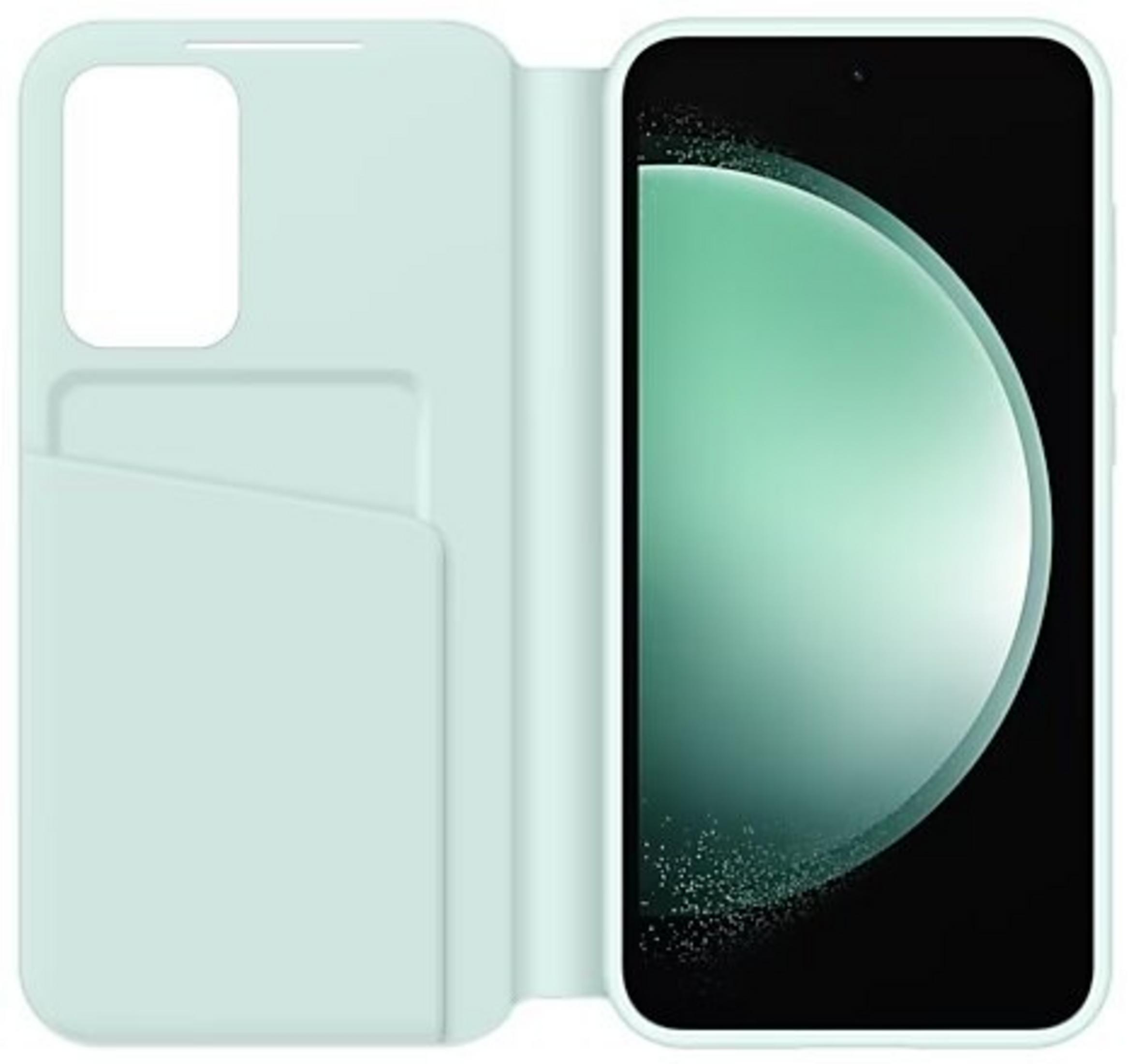 Custodia verde chiaro per telefono con porta carte e schermo acceso.