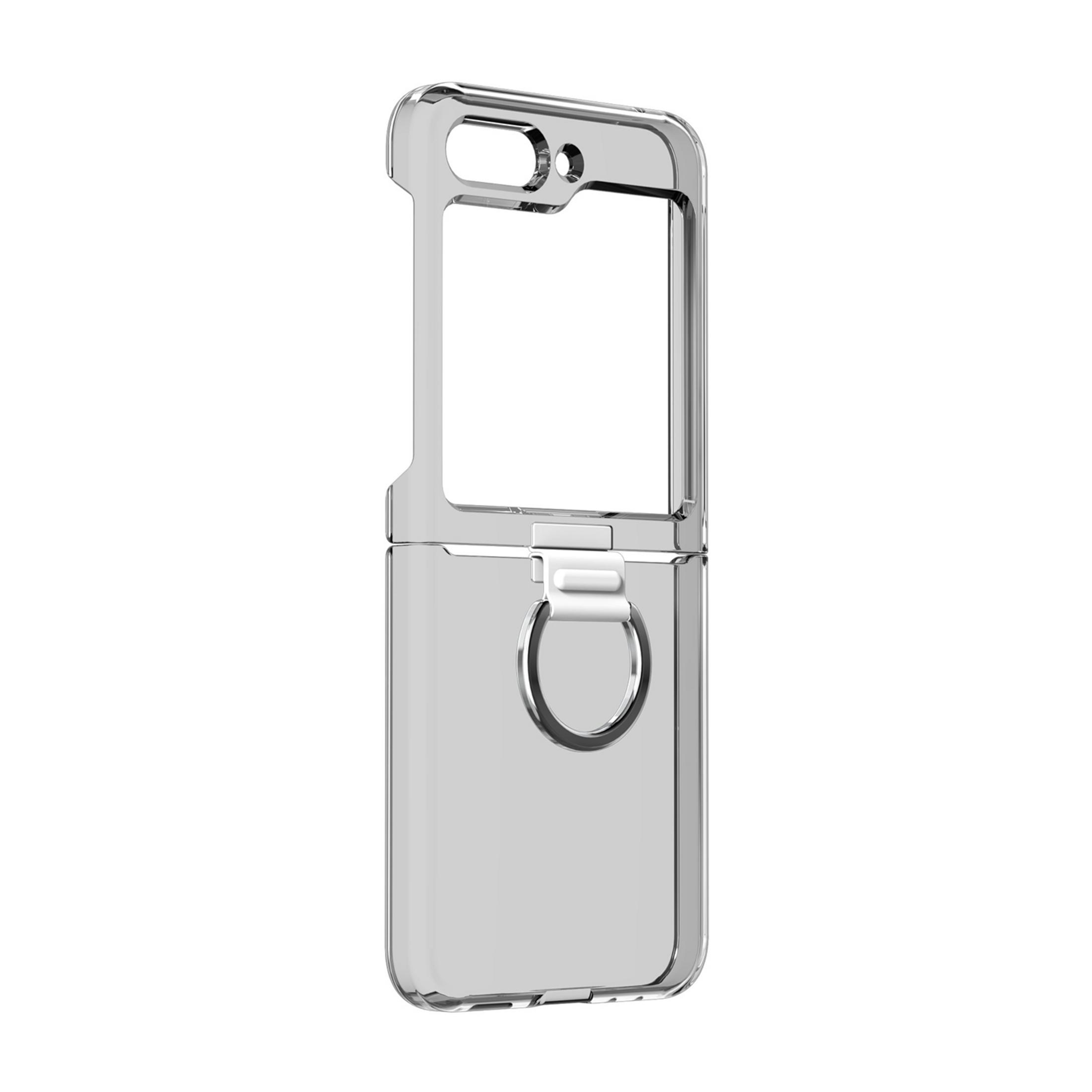 Funda transparente para teléfono con soporte de anillo, recortes para cámara y puertos.