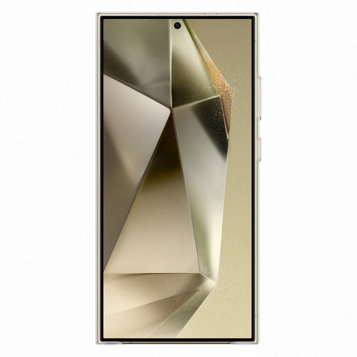Smartfon z abstrakcyjnym, geometrycznym tłem w odcieniach złota i srebra.
