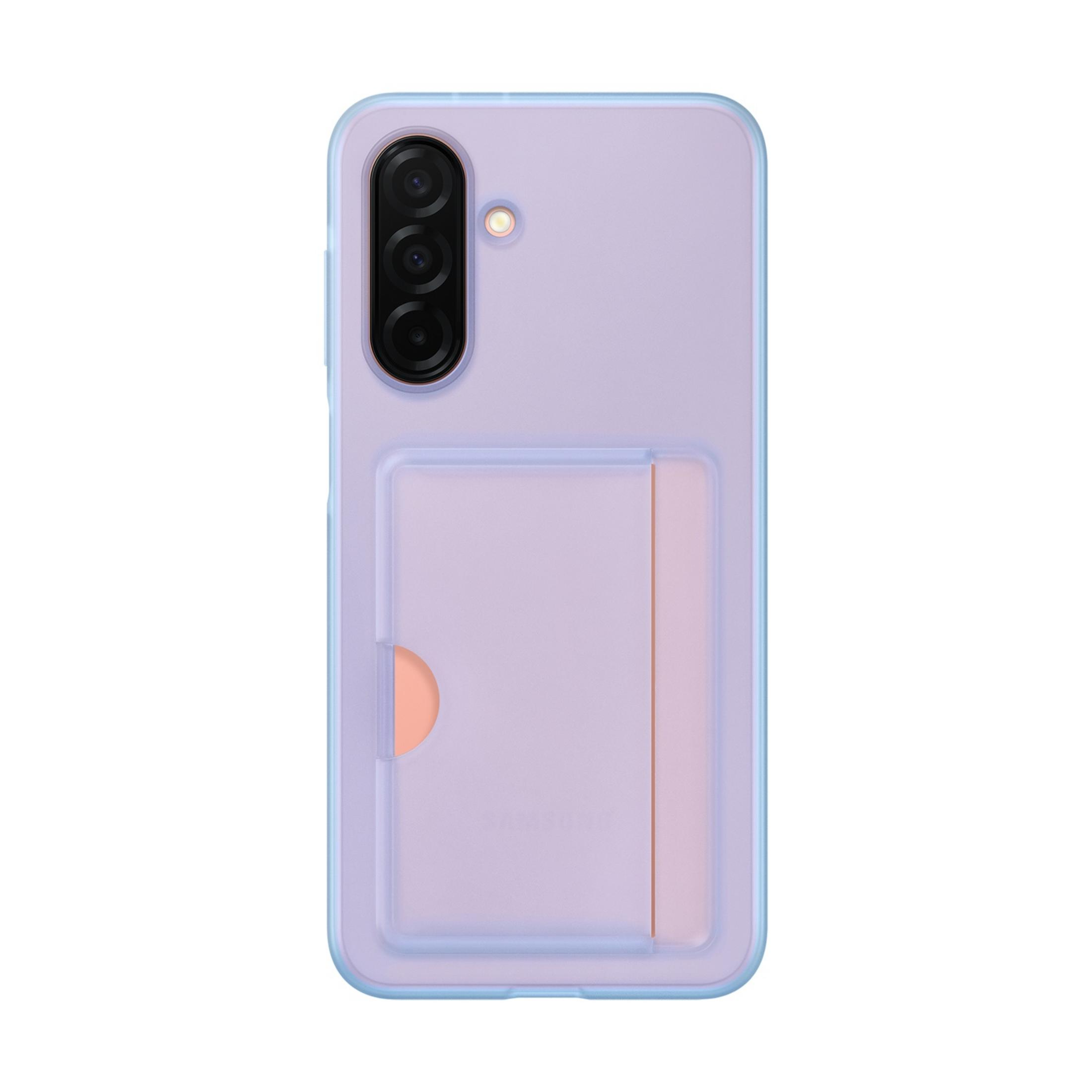 Een paarse telefoon met drie camera's en een hoesje met kaarthouder.