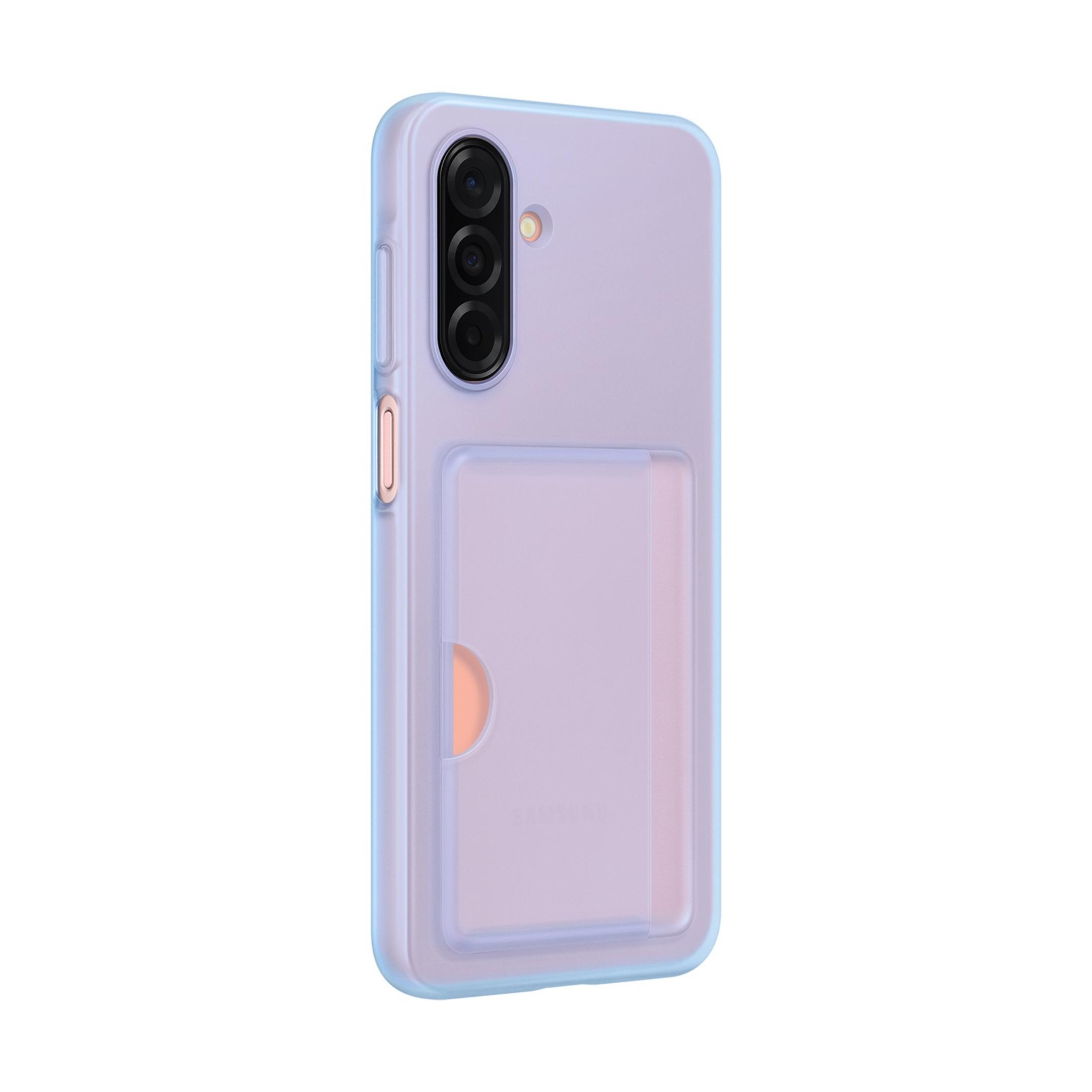 Een lila telefoonhoesje met drie camera's en een kaarthouder.
