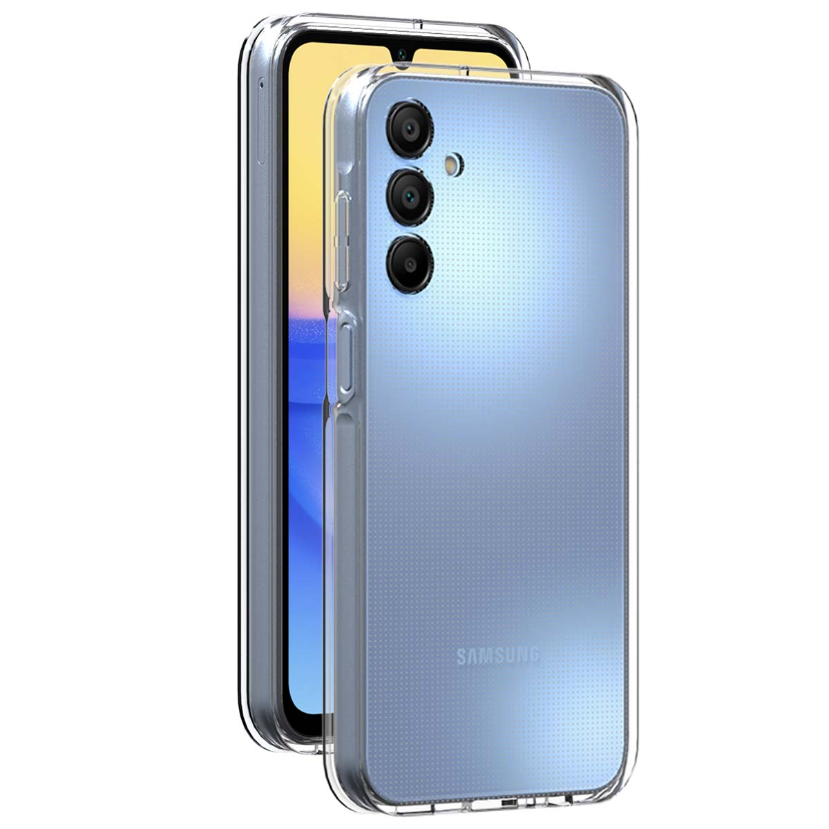 Una cover trasparente su un telefono Samsung blu.