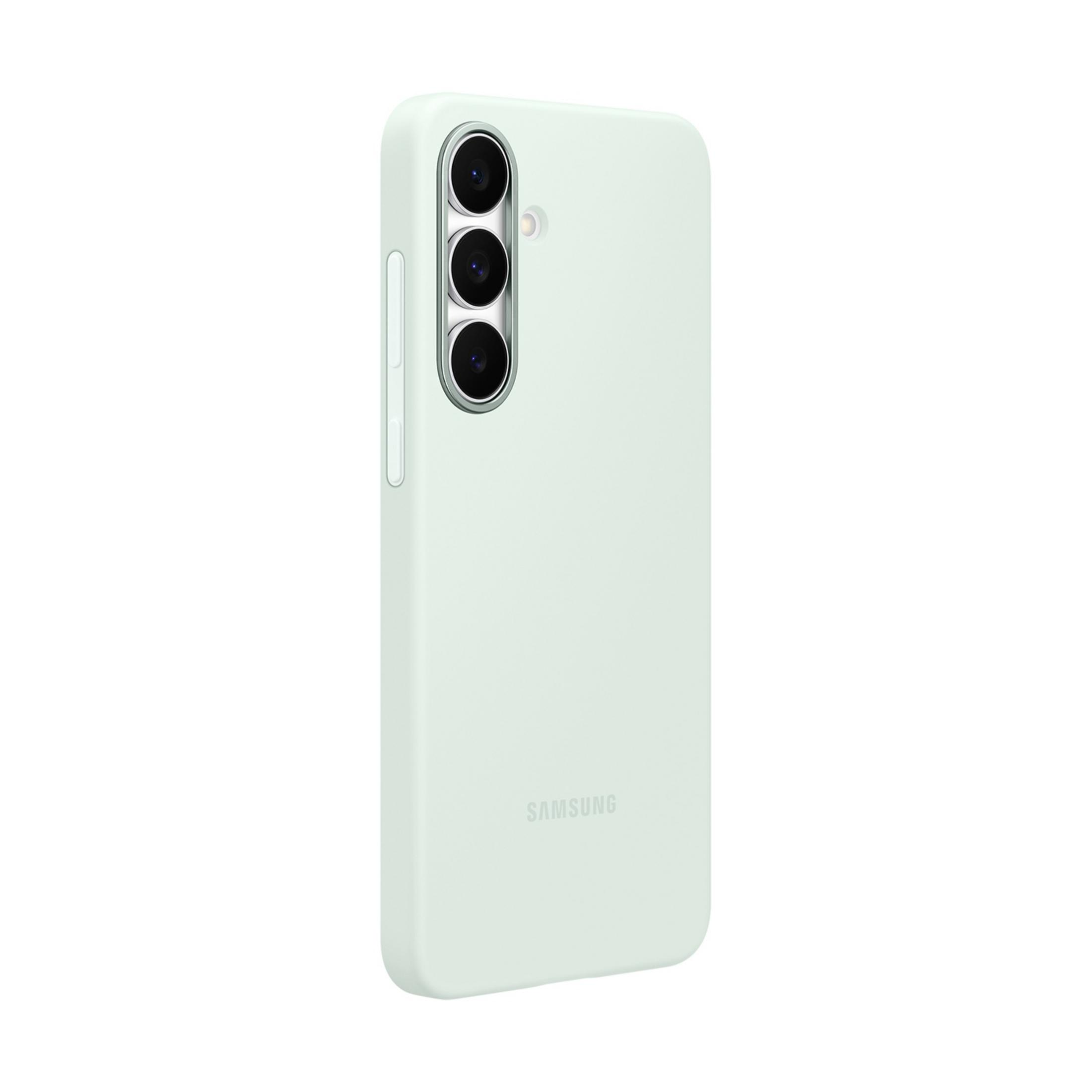Een lichtgroene telefoonhoes met drie cameralenzen en Samsung-logo.