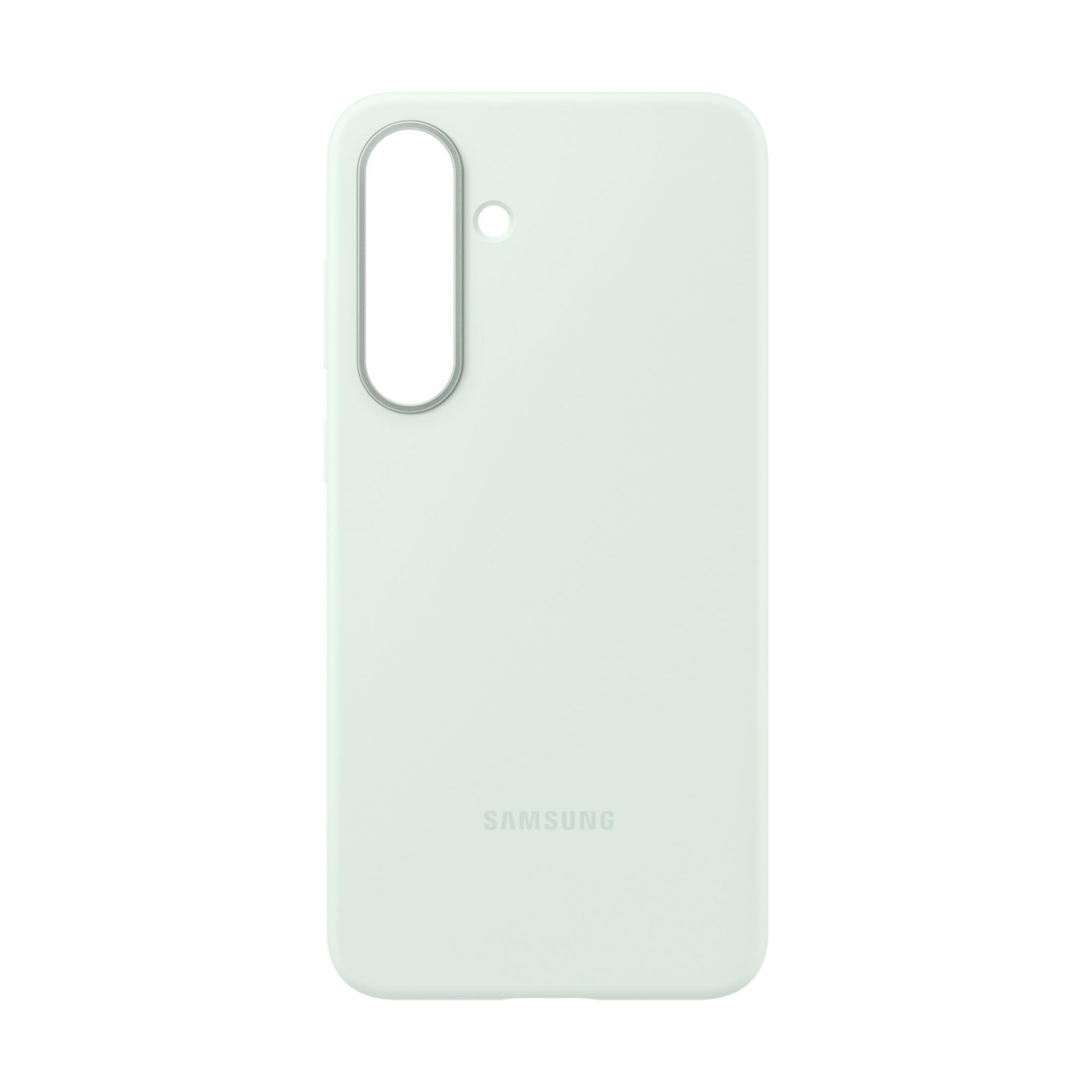 Een lichtgroene telefoonhoes met Samsung-logo en camera-uitsparing.