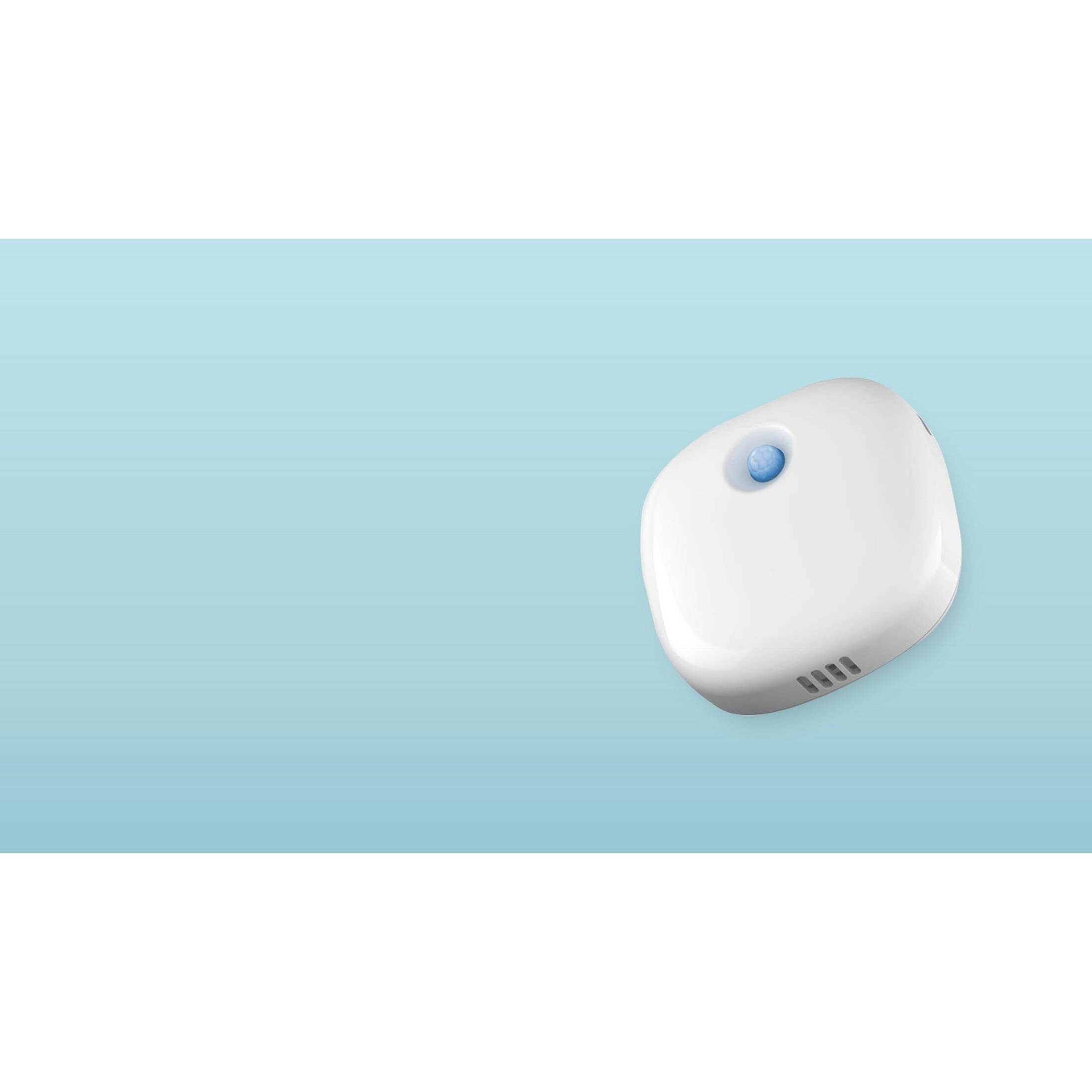 Un dispositivo bianco e arrotondato con un pulsante blu su sfondo blu.