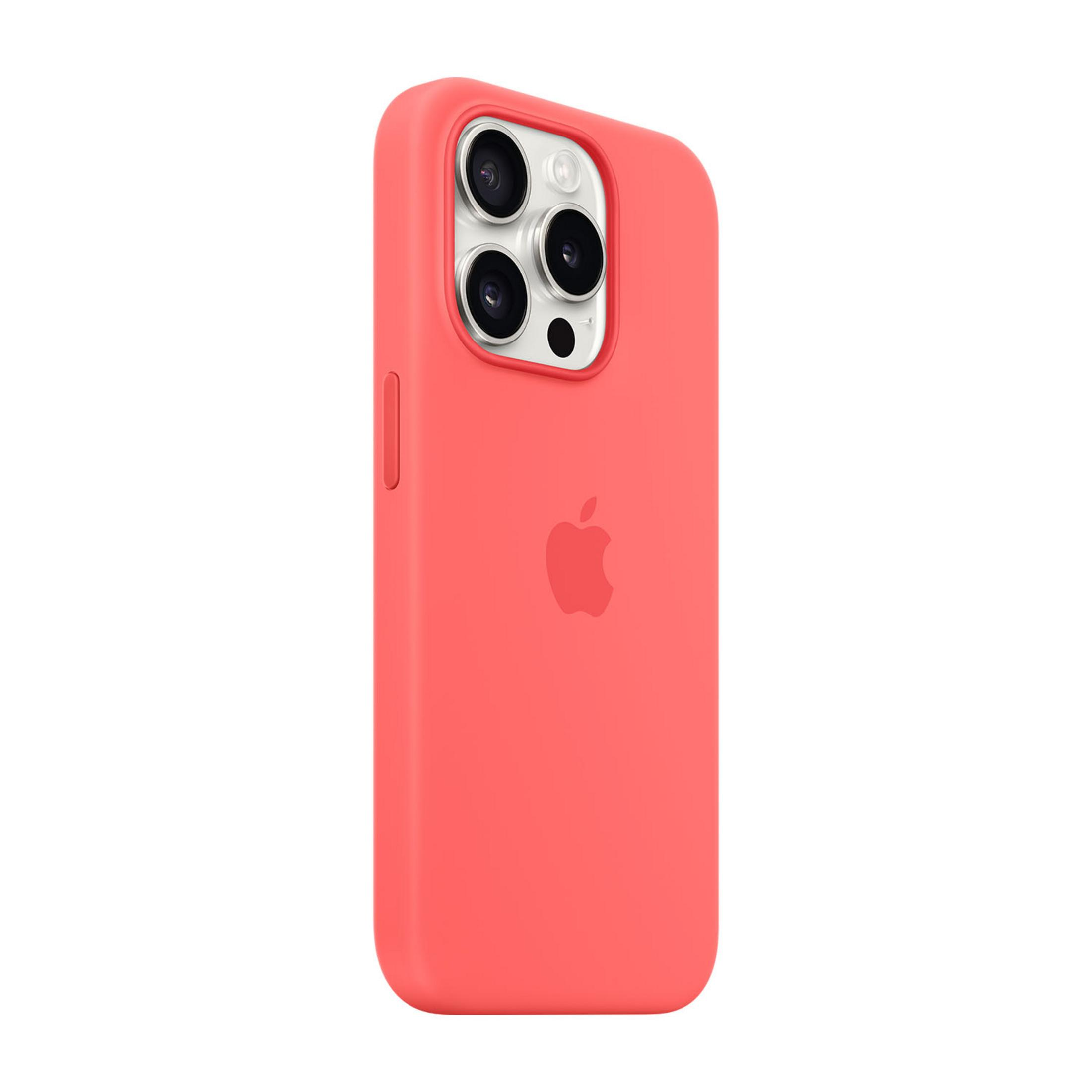 Custodia rossa per telefono con tre obiettivi e logo Apple.