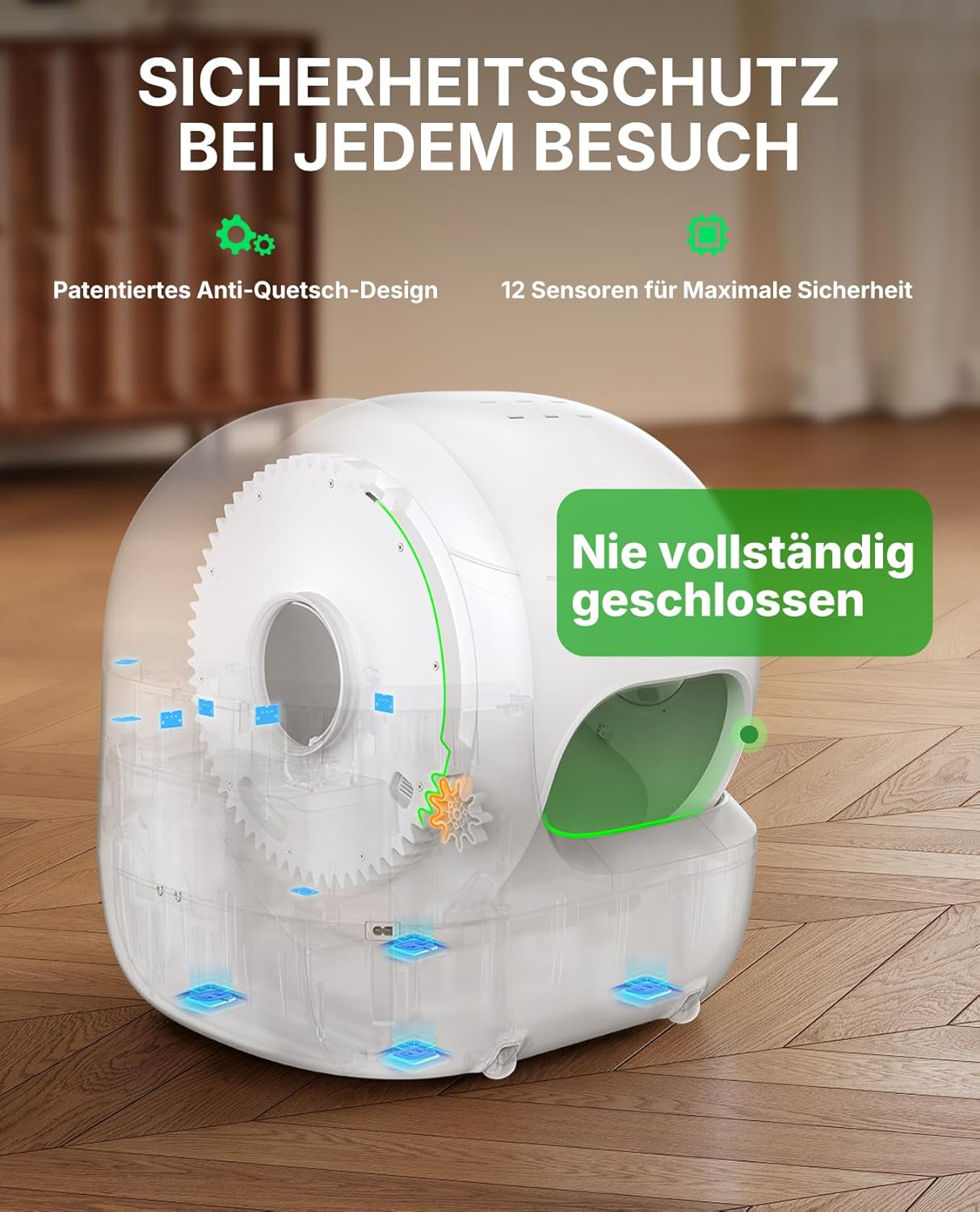 Sicherheitsschutz: Anti-Quetsch-Design, 12 Sensoren. Nie vollständig geschlossen.
