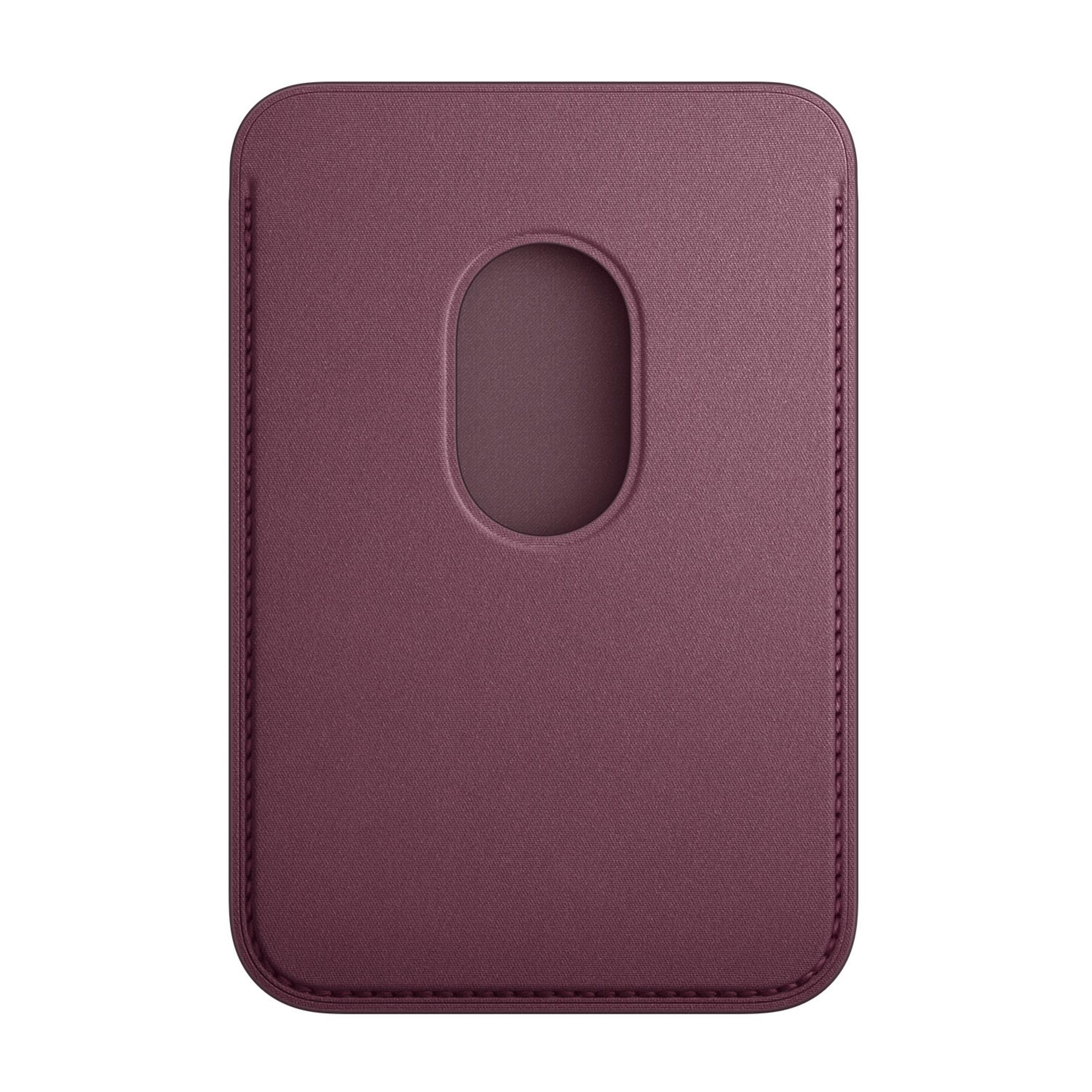 A burgundy card holder with an oval cutout, standing on a white background.