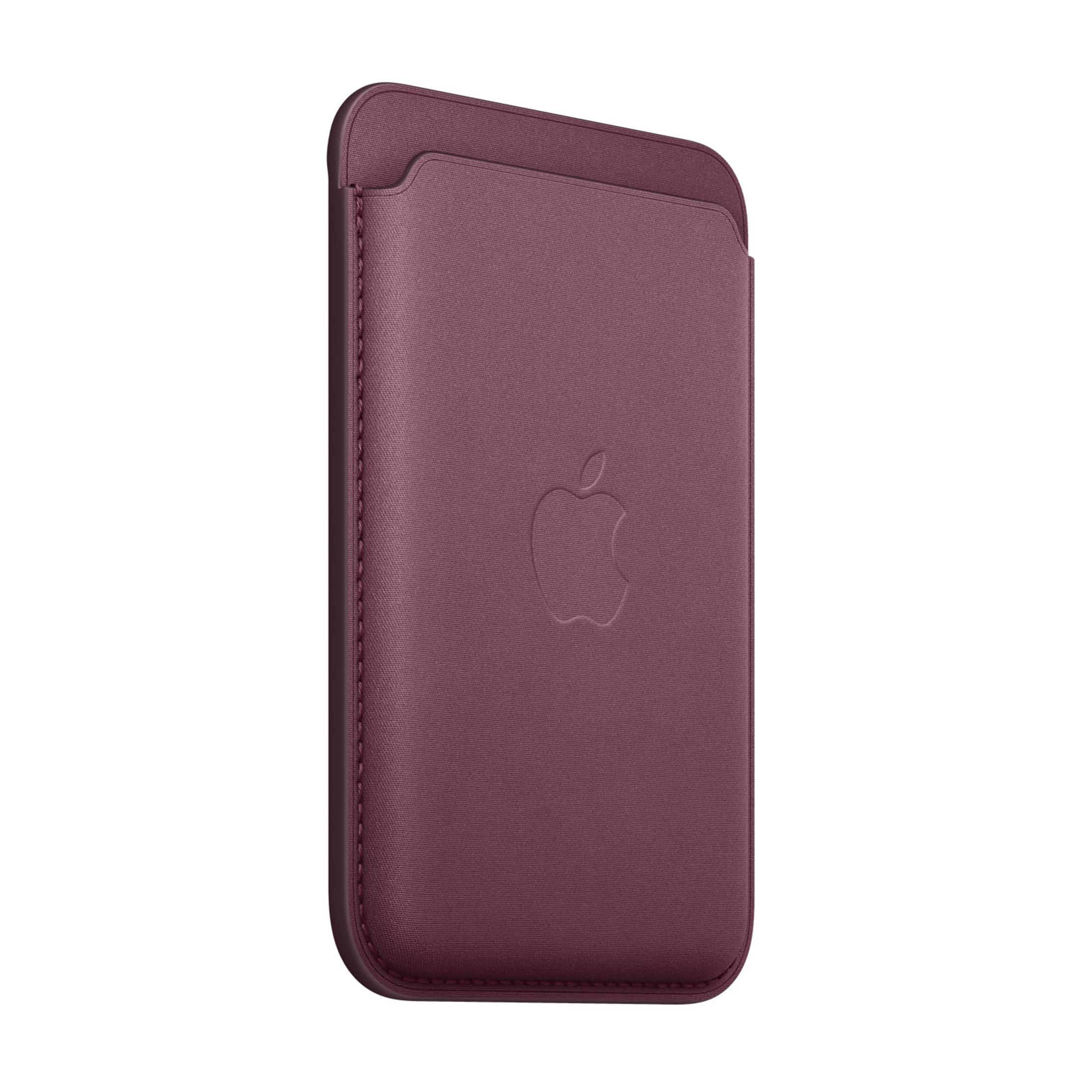 A burgundy sleeve with an embossed Apple logo.