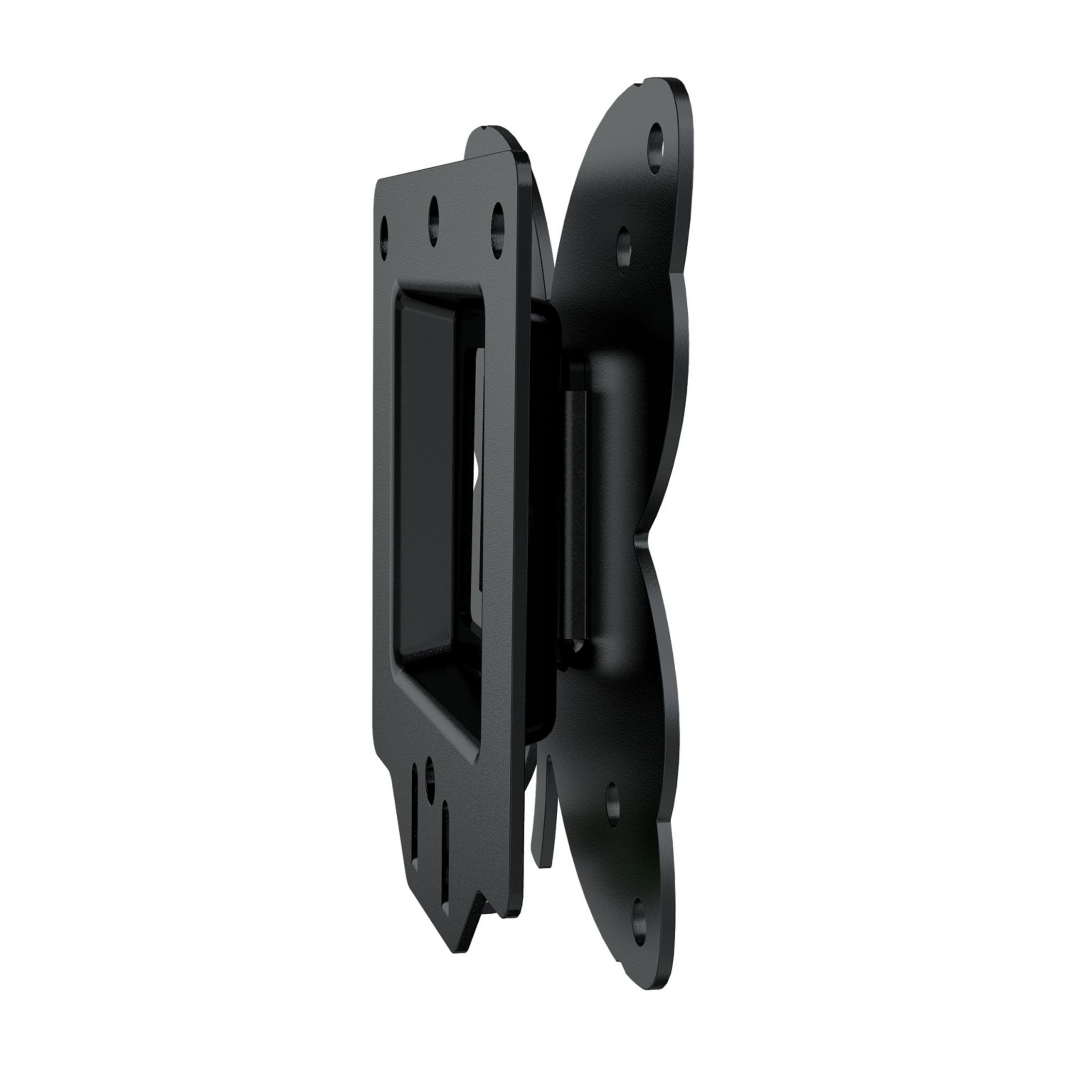 Soporte de bisagra de puerta negro en forma de mariposa con agujeros.