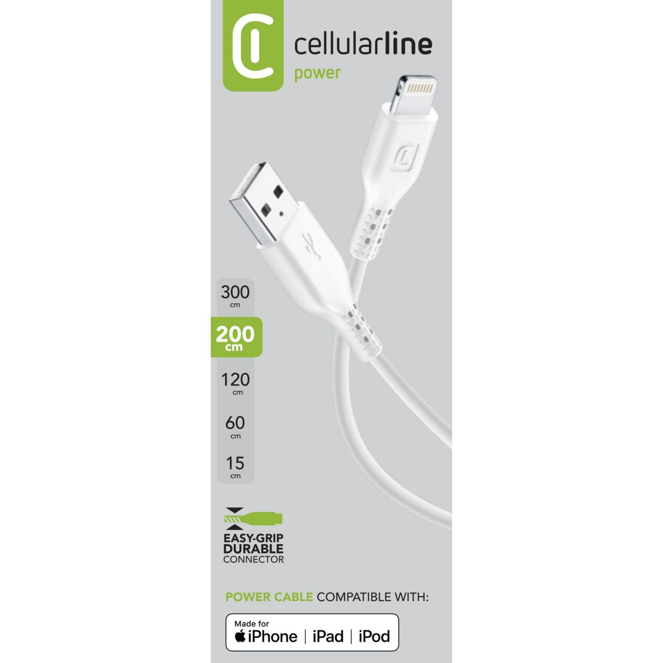 Ein weißes Ladekabel von Cellularline mit USB- und Lightning-Anschluss, Maße: 15-300cm.