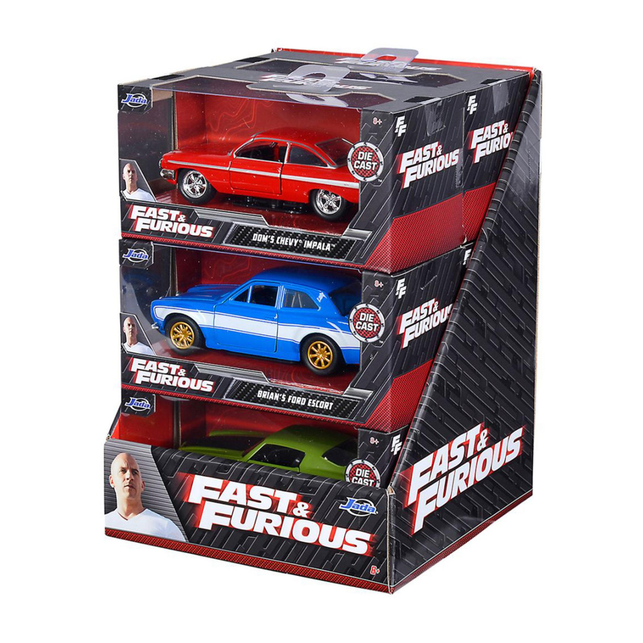 Confezione con tre modellini pressofusi Fast & Furious: rossi, blu e verdi.