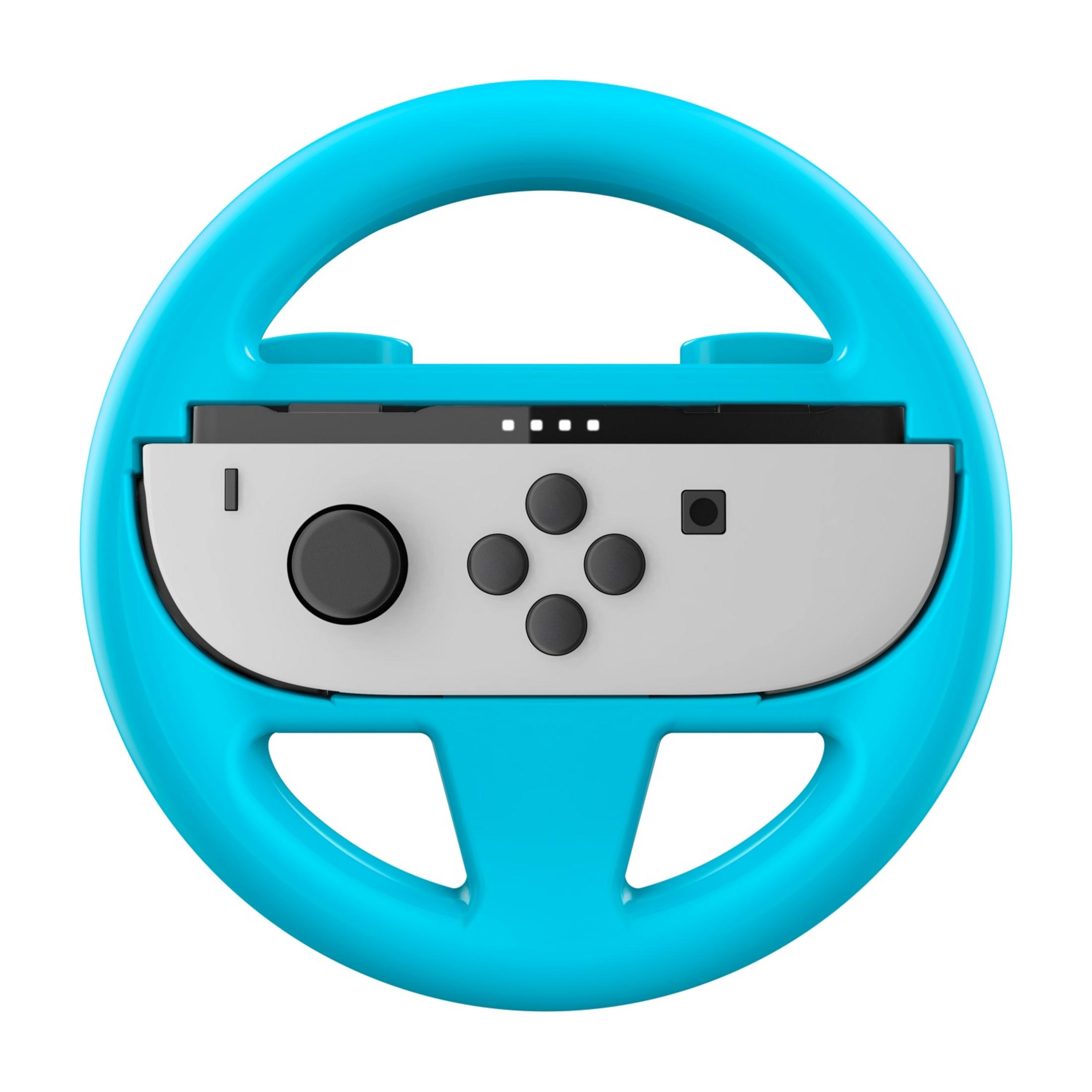 Un accesorio de volante azul con un inserto de controlador Joy-Con blanco.