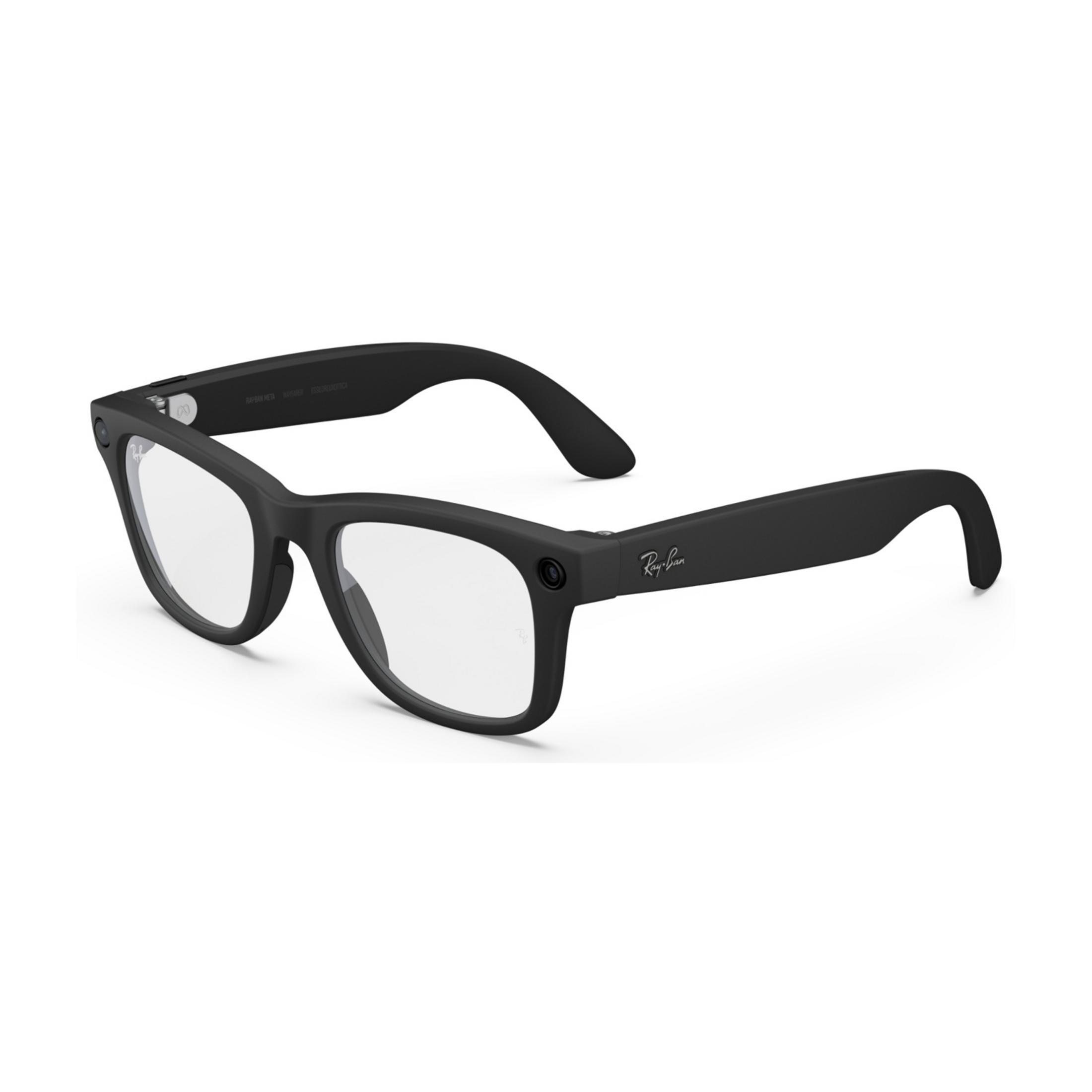 Gafas inteligentes Ray-Ban negras con lentes transparentes y cámara.