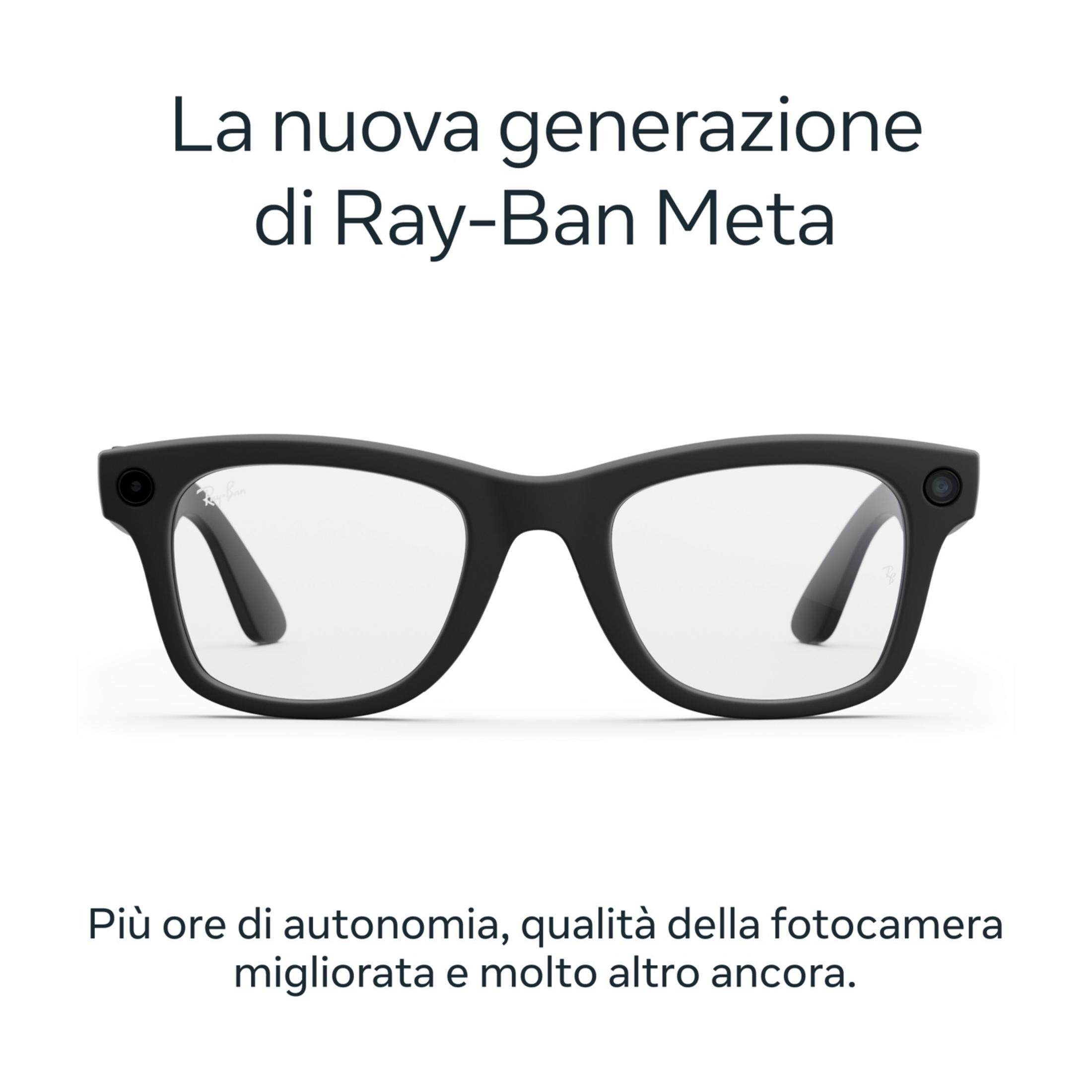 Gafas Ray-Ban Meta negras con cámaras y texto.