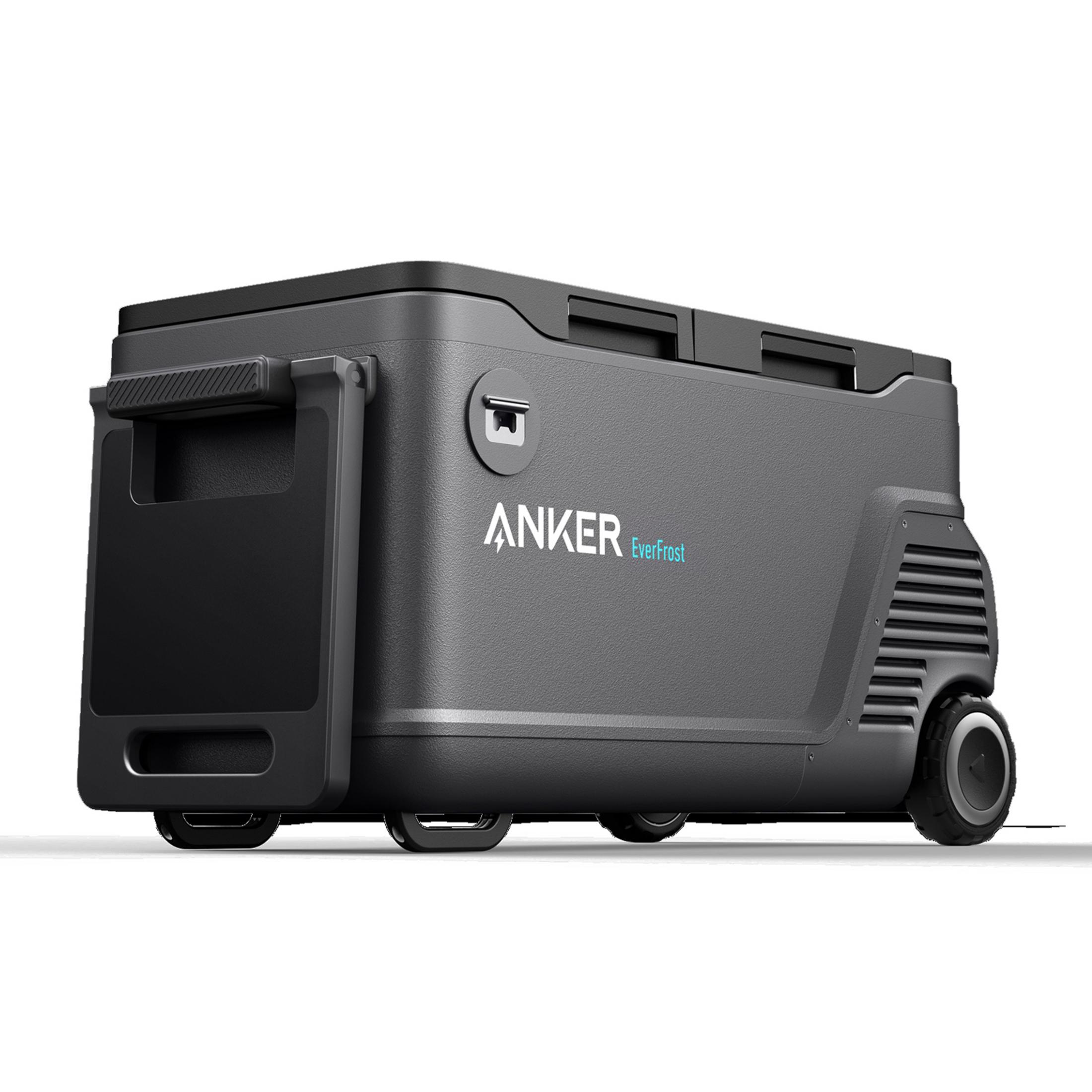 Szary przenośny lodówka z kołami i uchwytem.