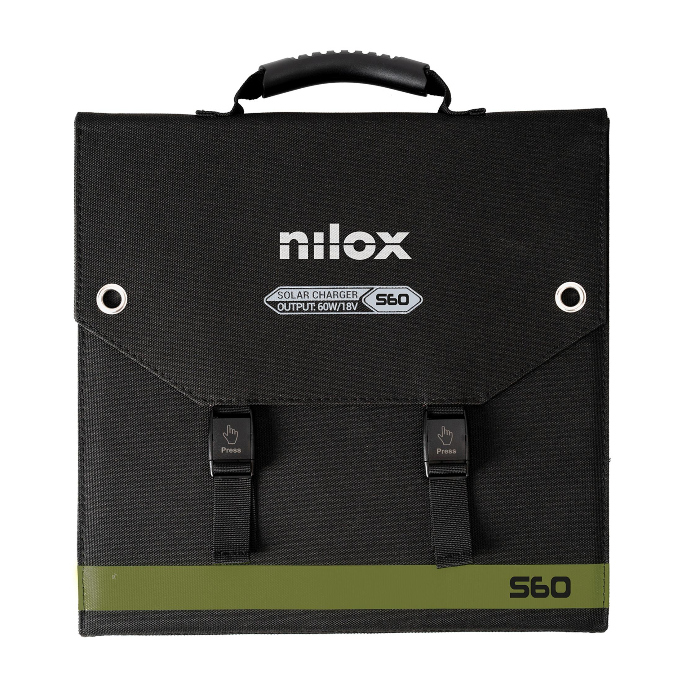 Czarna ładowarka solarna z uchwytem i zielonymi akcentami, S60.