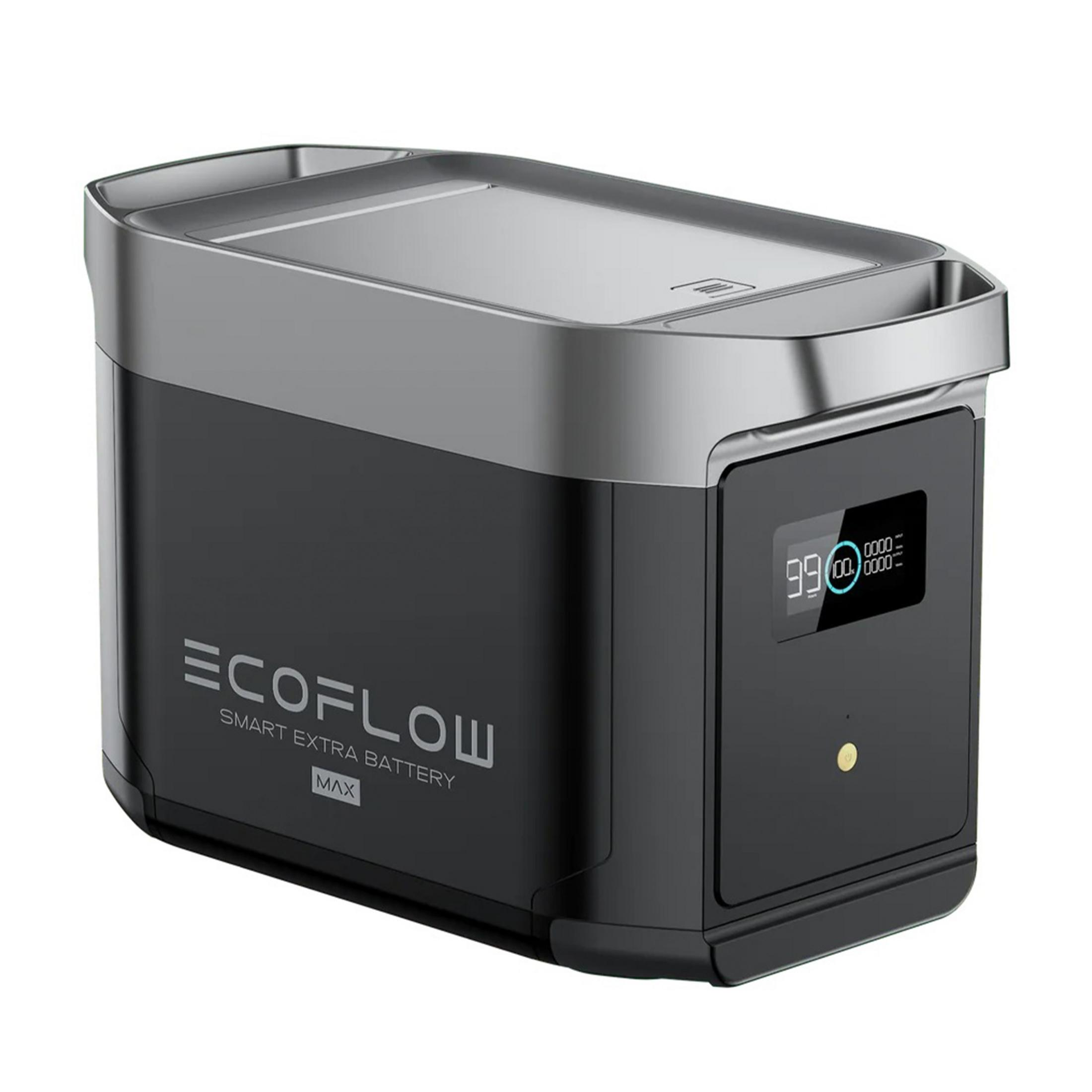 Czarny EcoFlow MAX z srebrną pokrywą i wyświetlaczem.