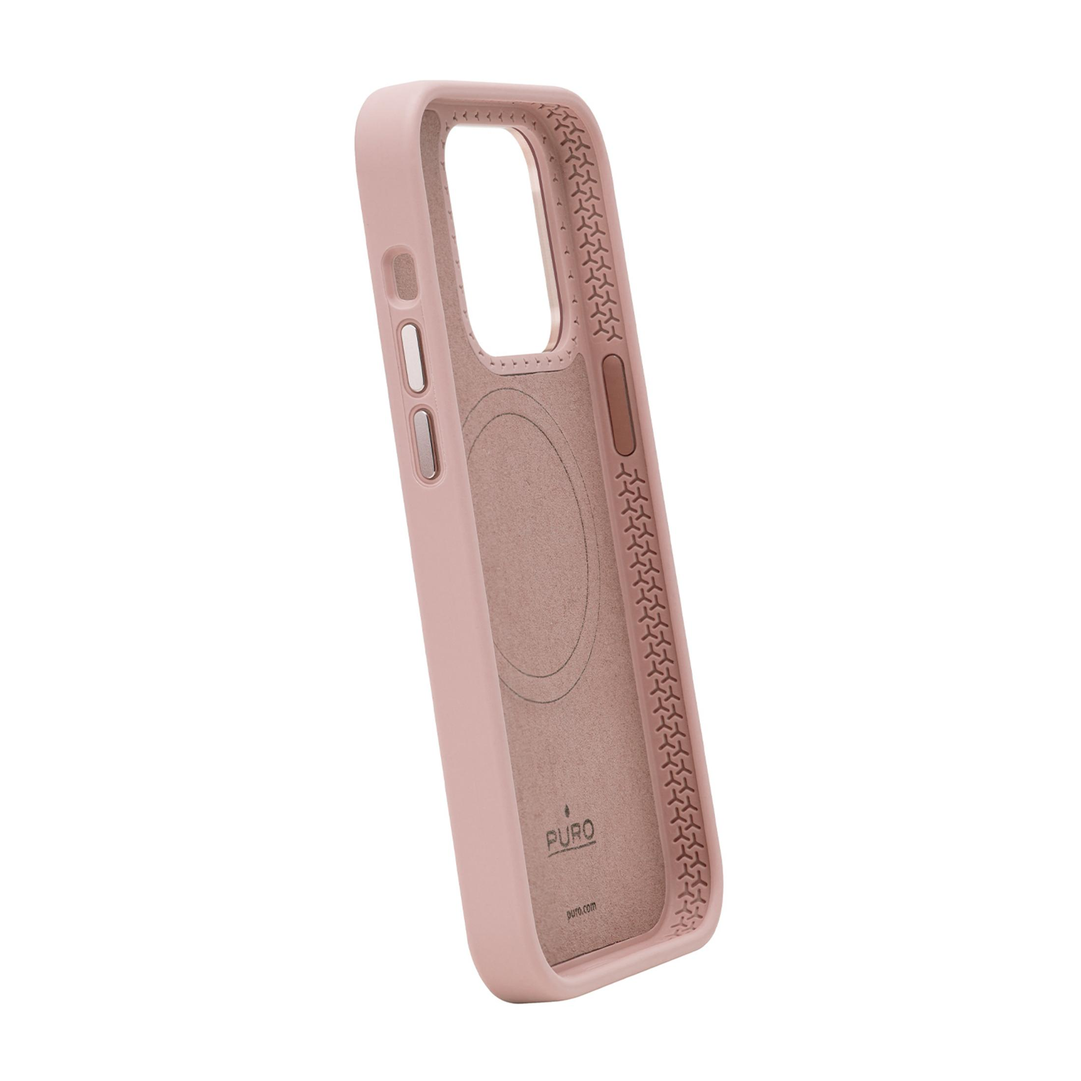 Una custodia rosa per telefono con fodera interna testurizzata e logo PURO.
