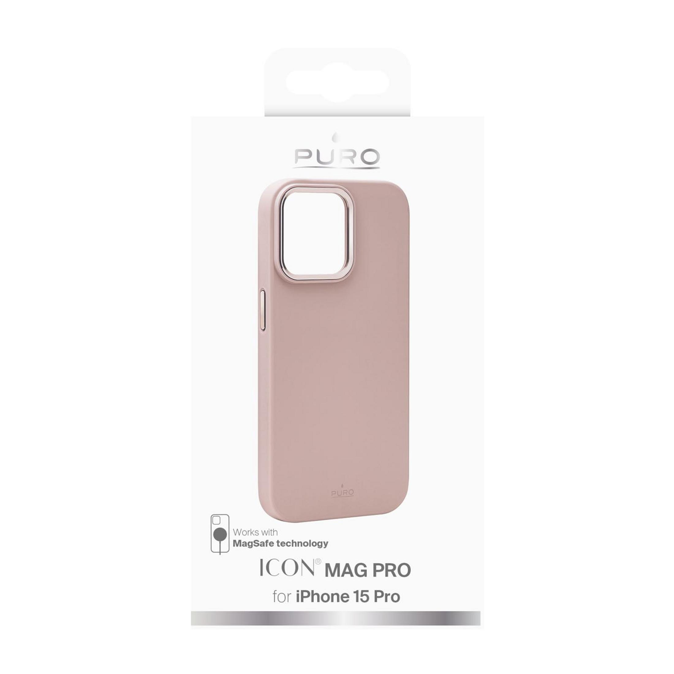 Una cover rosa per iPhone 15 Pro con tecnologia MagSafe.