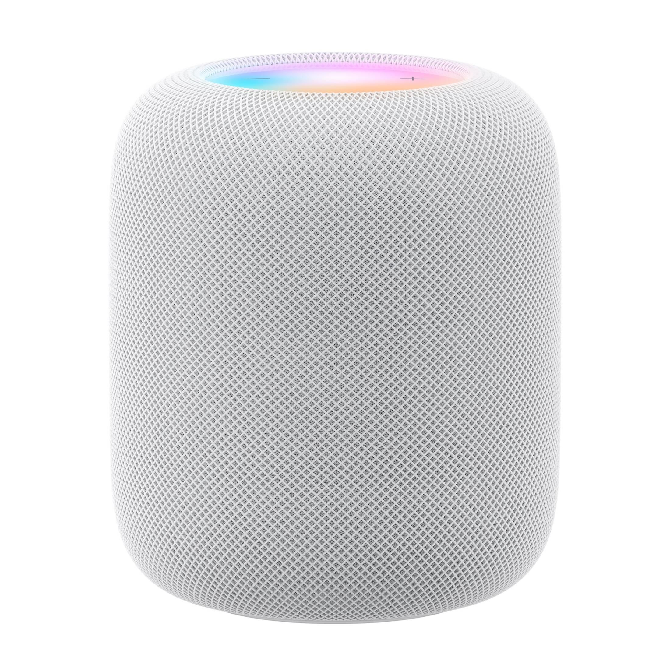 Uno smart speaker bianco con una parte superiore luminosa e colorata.