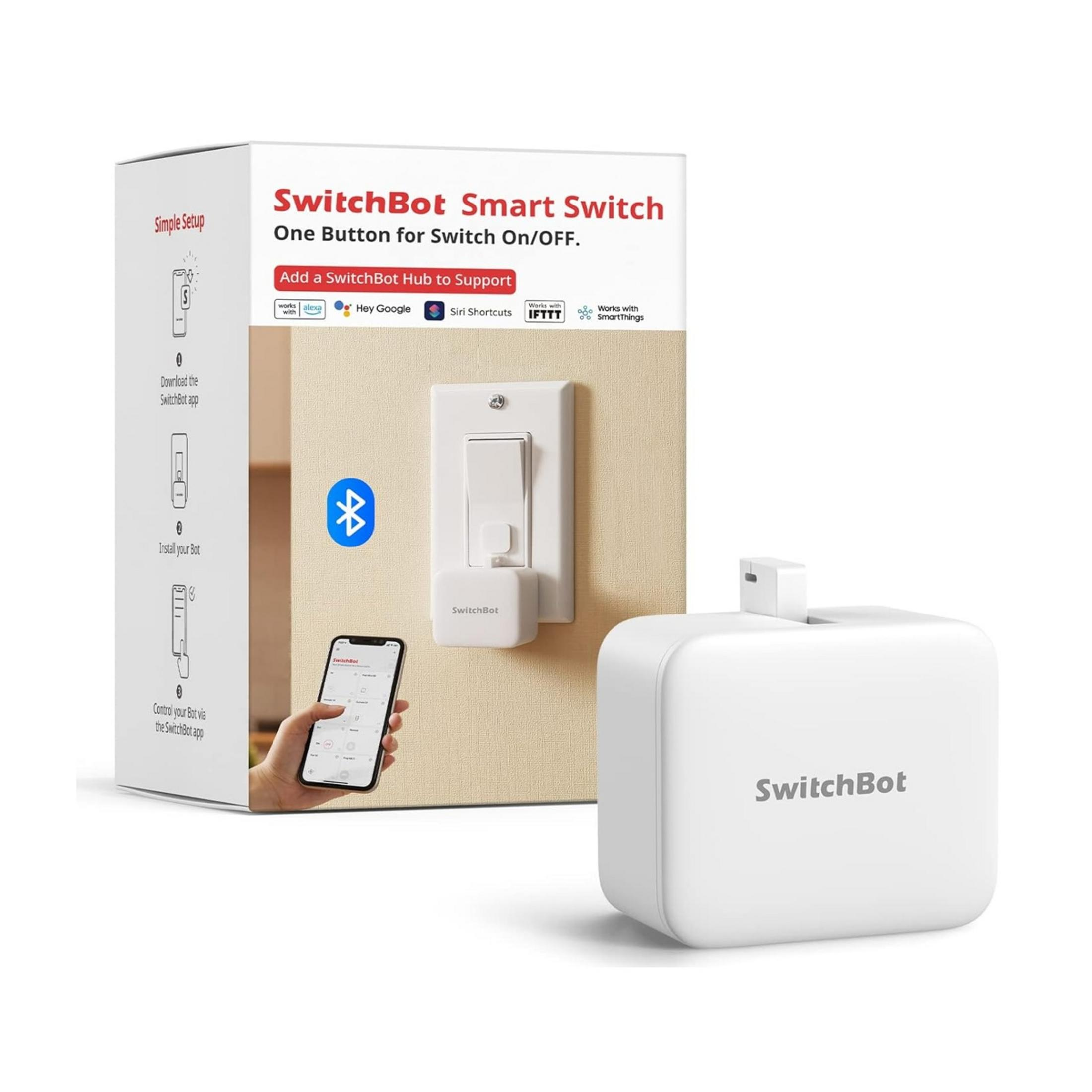 Confezione SwitchBot Smart Switch con dispositivo, telefono e interruttore a muro. Installazione semplice.