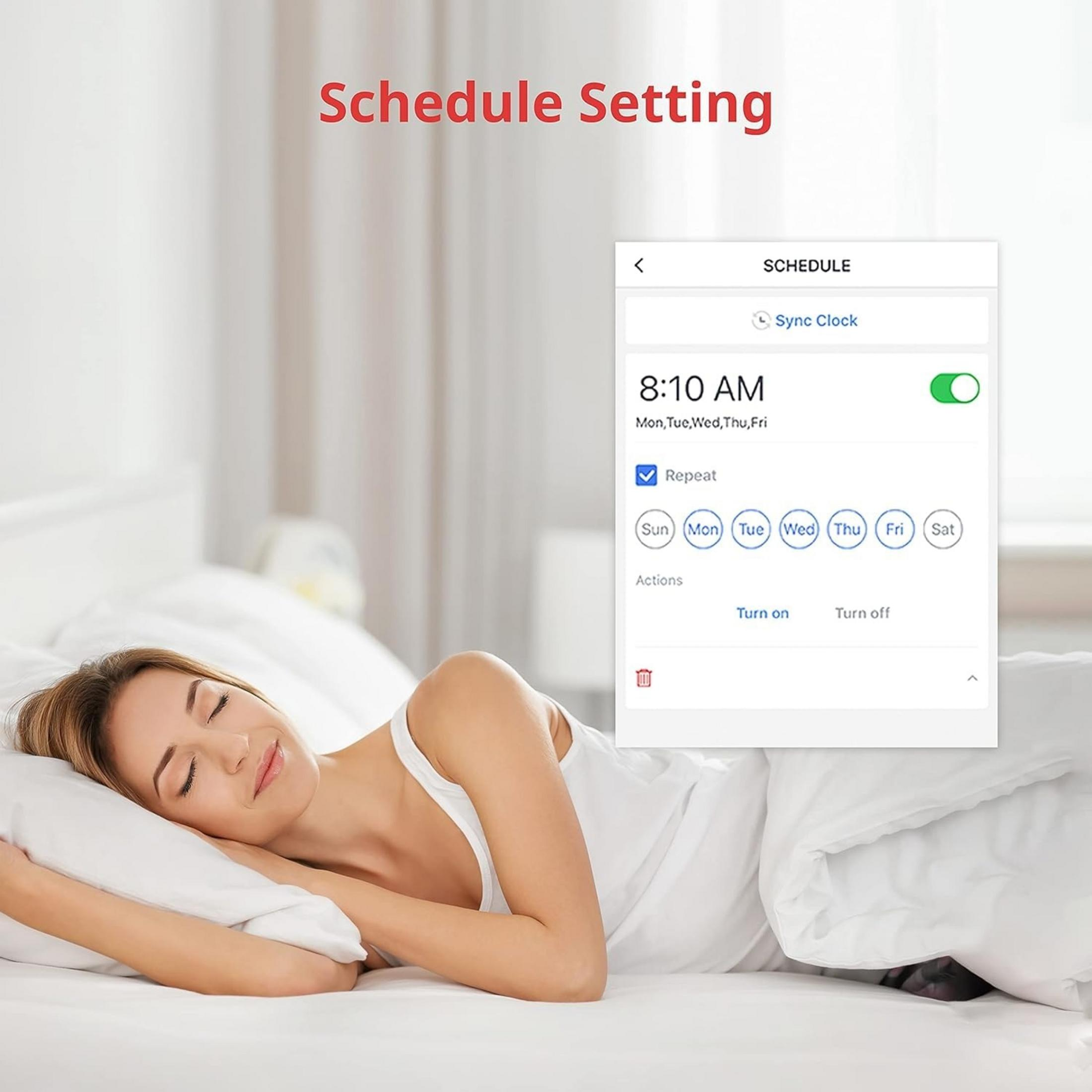 Donna dorme nel letto, telefono mostra app impostazioni programma.