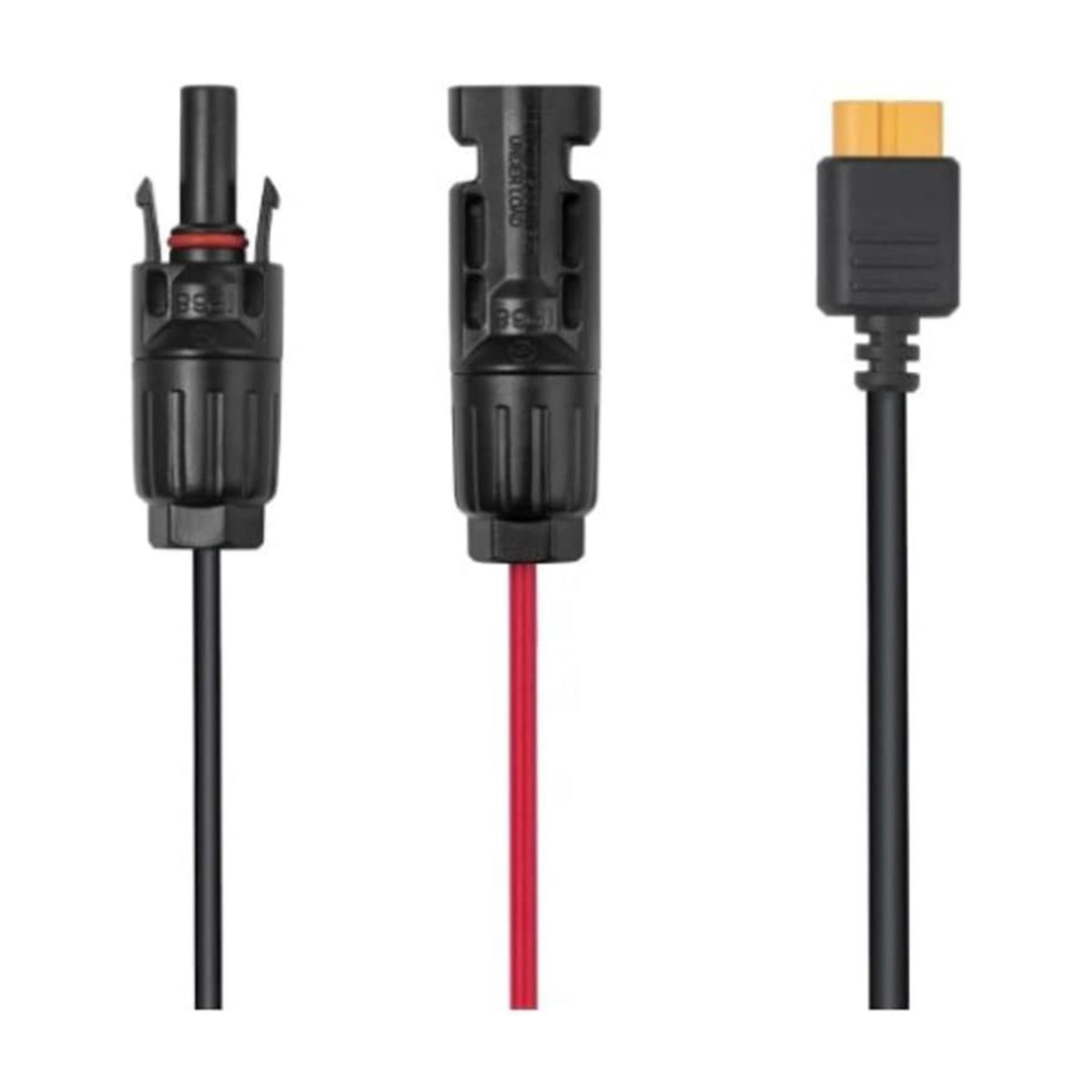 Trzy czarne złącza z kablami. Jedno z czerwonym przewodem.