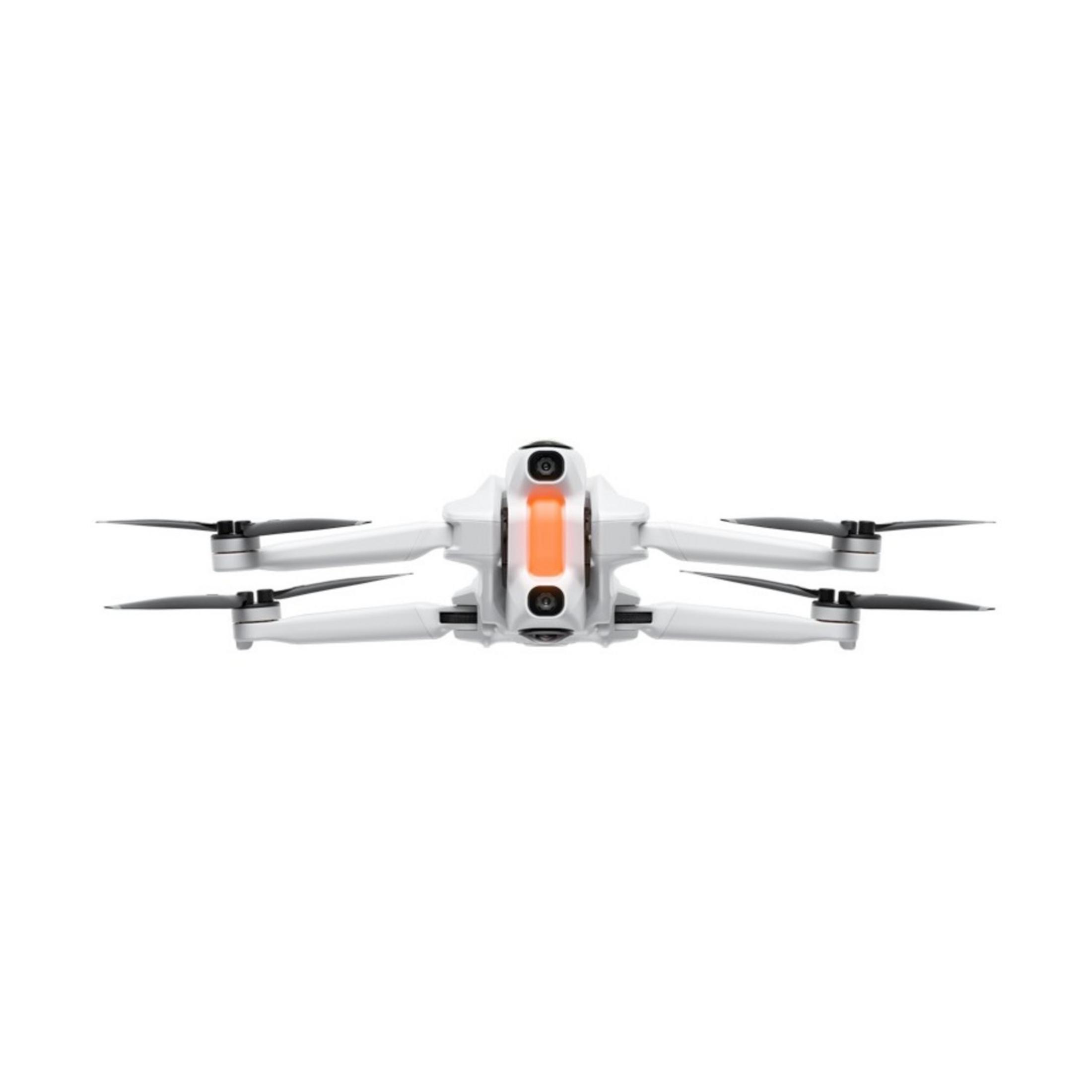 Biały dron z czterema śmigłami i pomarańczowym paskiem świetlnym.