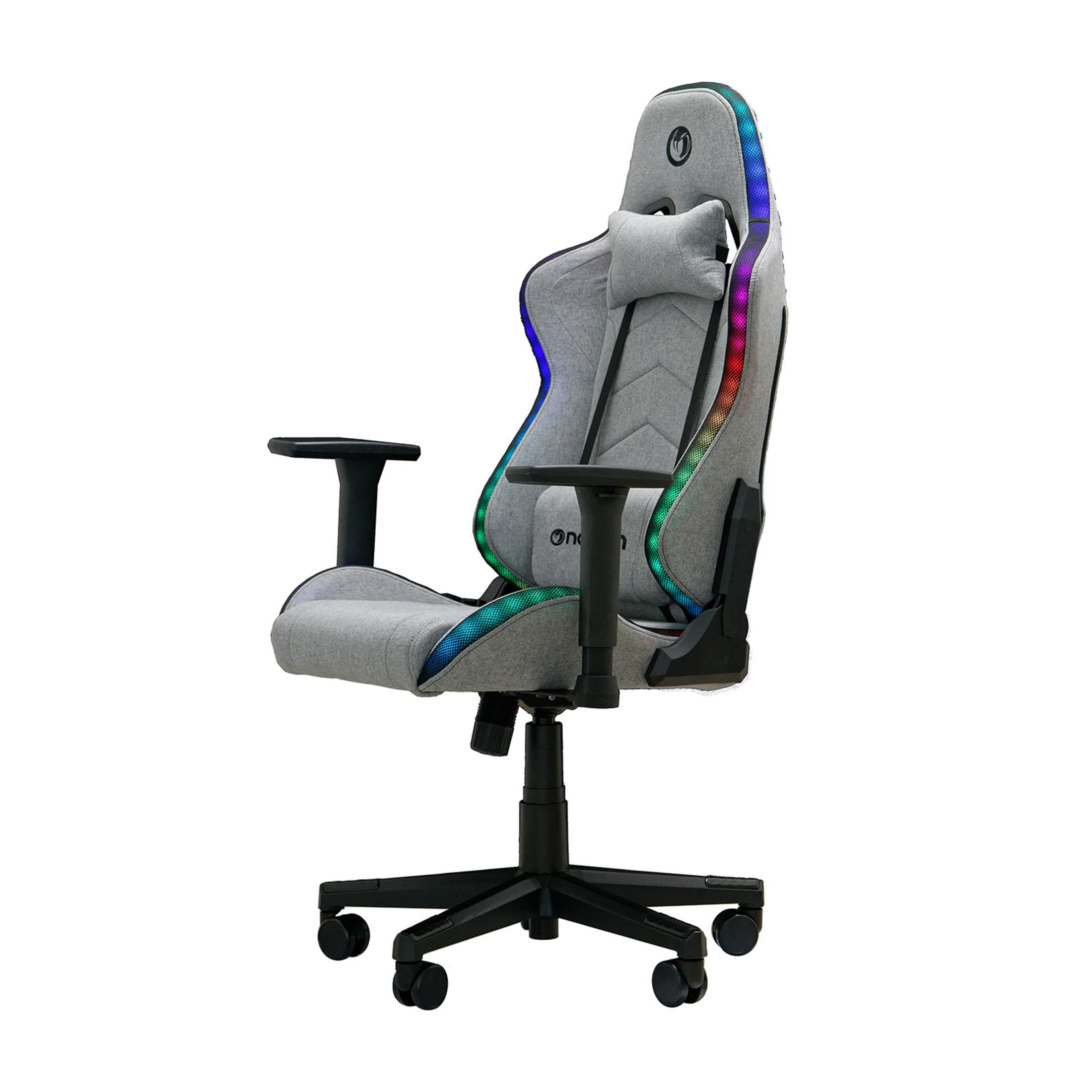 Silla gaming gris con iluminación RGB y cojín de cabeza.