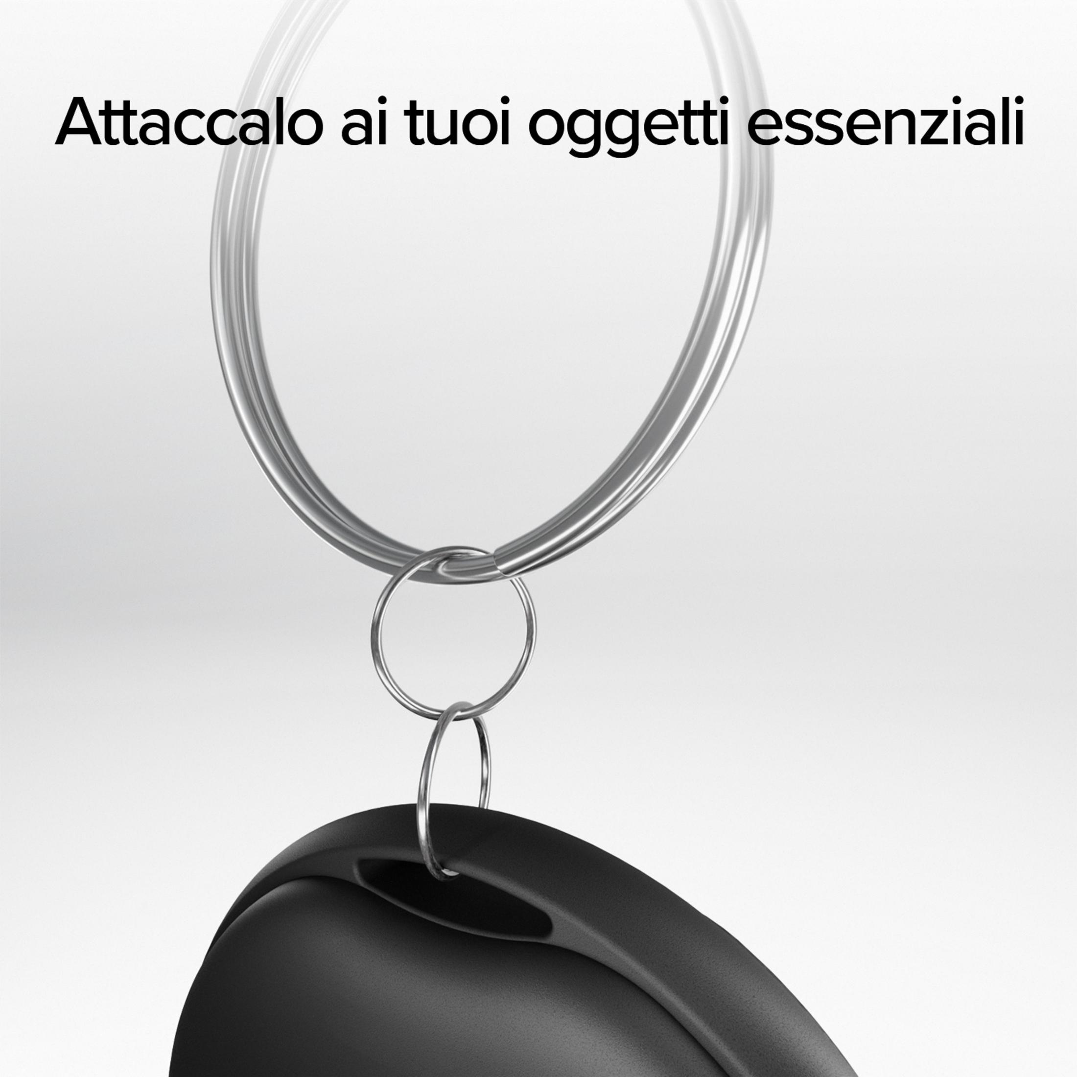 Un oggetto nero su un portachiavi appeso a un cerchio di metallo. Testo: Attaccalo ai tuoi oggetti.